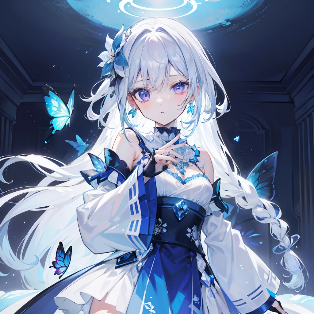 (Masterpiece, Best Quality: 1.4), Detailed Background, White Crystal, Crystal Cluster, Long Hair, Jewelry, Earrings, Necklace, Crown, Bride, White Hair, Halo, (Overlook), Dynamic Angle, Ultra Detailed, Illustration, Close Up, Direct Look, 1girl, (Fantasy: 1.4), (Purple Eyes: 1.233), Her Eyes Shine Like Dreamy Stars, (Glow Eyes: 1.233), (Beautiful and Delicate Eyes: 1.1), (Silver Hair: 1.14), (Messy Hair, Very Long Hair, French braids, hair between the eyes, side hair), (+(blue hair flower: 1.14)), (chiffon dress, uniform blue flower pattern)/= (military uniform: 1.24), (split sleeves, wide sleeves), (fingerless gloves), choker, (miko thighhighs), high heeled boots, (expressionless, shut up), (standing), (classical princess boudoir with dresser floor-to-ceiling windows white ancient palace), (white flowers, blooming), (deep sea), (flowing water), (dark blue world tree:1.14),(Ruins),(Night:1.2),dreamy,Soul,(fluorescent),(Flying Translucent Blue Butterfly:1.15),[Delicate Fingers and Hands:0.55]::0.85], (Finger Detail), (Yubao:0.5)