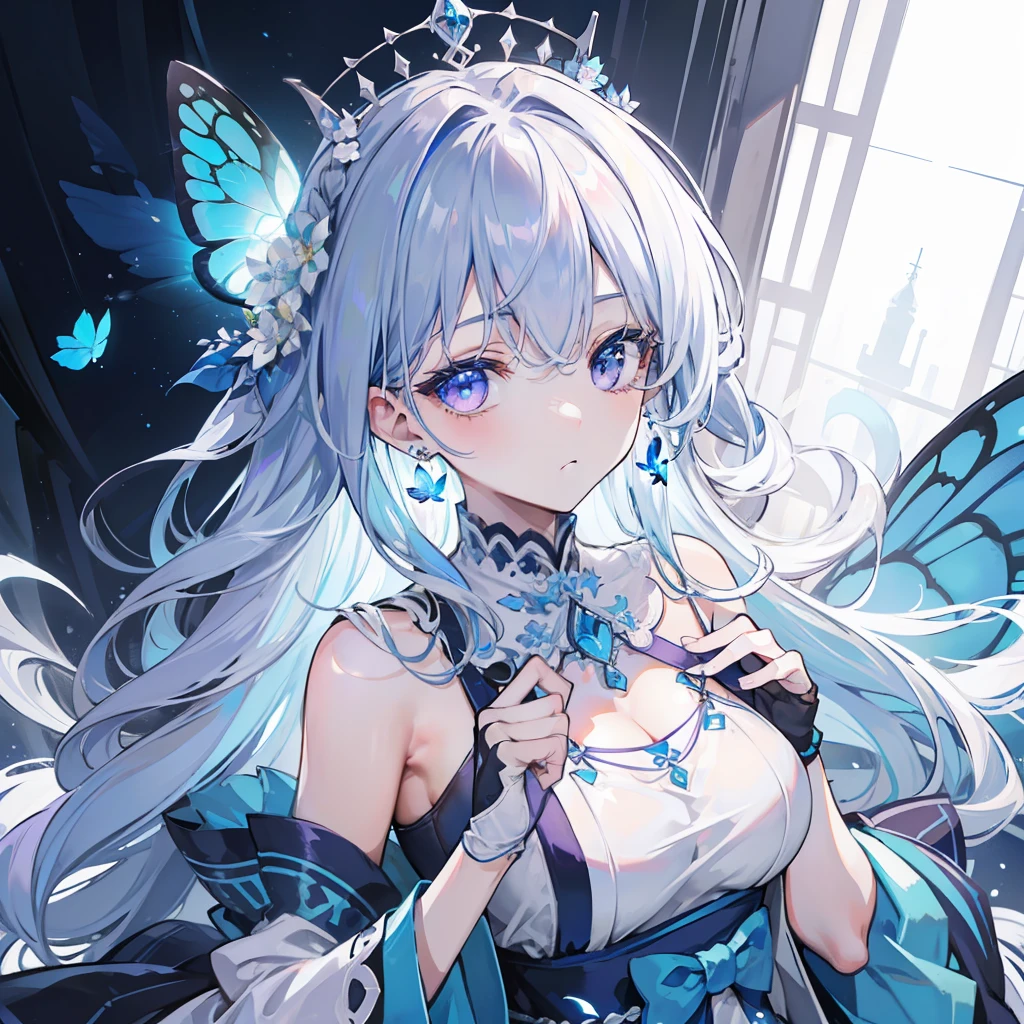 (Masterpiece, Best Quality: 1.4), Detailed Background, White Crystal, Crystal Cluster, Long Hair, Jewelry, Earrings, Necklace, Crown, Bride, White Hair, Halo, (Overlook), Dynamic Angle, Ultra Detailed, Illustration, Close Up, Direct Look, 1girl, (Fantasy: 1.4), (Purple Eyes: 1.233), Her Eyes Shine Like Dreamy Stars, (Glow Eyes: 1.233), (Beautiful and Delicate Eyes: 1.1), (Silver Hair: 1.14), (Messy Hair, Very Long Hair, French braids, hair between the eyes, side hair), (+(blue hair flower: 1.14)), (chiffon dress, uniform blue flower pattern)/= (military uniform: 1.24), (split sleeves, wide sleeves), (fingerless gloves), choker, (miko thighhighs), high heeled boots, (expressionless, shut up), (standing), (classical princess boudoir with dresser floor-to-ceiling windows white ancient palace), (white flowers, blooming), (deep sea), (flowing water), (dark blue world tree:1.14),(Ruins),(Night:1.2),dreamy,Soul,(fluorescent),(Flying Translucent Blue Butterfly:1.15),[Delicate Fingers and Hands:0.55]::0.85], (Finger Detail), (Yubao:0.5)