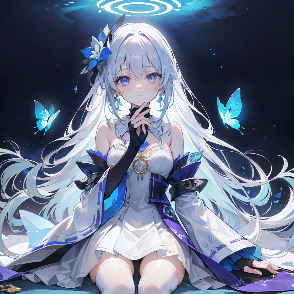 (Masterpiece, Best Quality: 1.4), Detailed Background, White Crystal, Crystal Cluster, Long Hair, Jewelry, Earrings, Necklace, Crown, Bride, White Hair, Halo, (Overlook), Dynamic Angle, Ultra Detailed, Illustration, Close Up, Direct Look, 1girl, (Fantasy: 1.4), (Purple Eyes: 1.233), Her Eyes Shine Like Dreamy Stars, (Glow Eyes: 1.233), (Beautiful and Delicate Eyes: 1.1), (Silver Hair: 1.14), (Messy Hair, Very Long Hair, French braids, hair between the eyes, side hair), (+(blue hair flower: 1.14)), (chiffon dress, uniform blue flower pattern)/= (military uniform: 1.24), (split sleeves, wide sleeves), (fingerless gloves), choker, (miko thighhighs), high heeled boots, (expressionless, shut up), (standing), (classical princess boudoir with dresser floor-to-ceiling windows white ancient palace), (white flowers, blooming), (deep sea), (flowing water), (dark blue world tree:1.14),(Ruins),(Night:1.2),dreamy,Soul,(fluorescent),(Flying Translucent Blue Butterfly:1.15),[Delicate Fingers and Hands:0.55]::0.85], (Finger Detail), (Yubao:0.5)