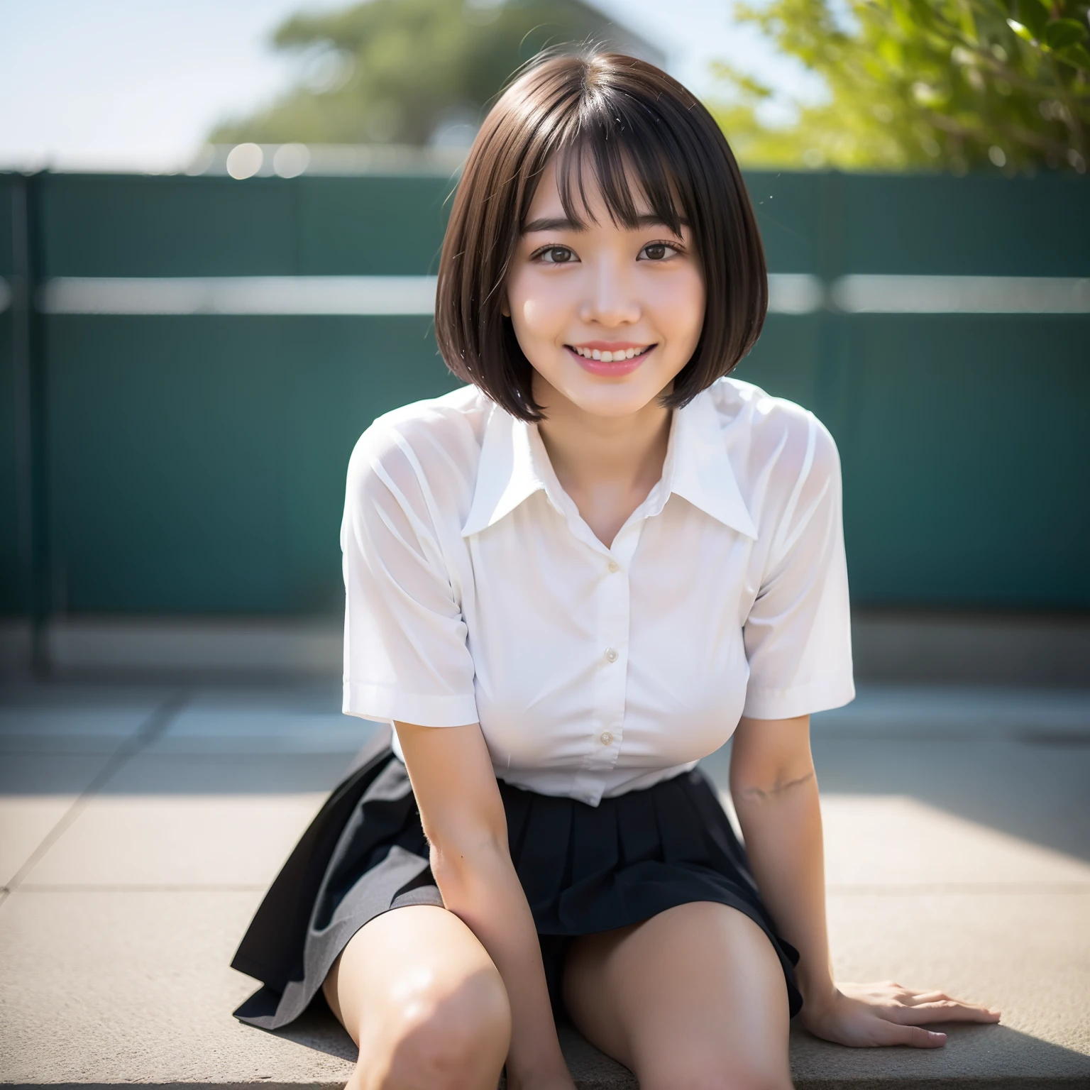 (8K、top-quality、masterpiece:1.2)、(reallistic:1.2、Photorealsitic:1.2)、1 girl in、watching at viewers、(Cute smile、large full breasts:2、Fine and beautiful eyes)、Slender body:1.7、Toned abs:1.3、de pele branca:1.4、(short-hair:1.2)、Short stature:1.5、masterpiece、top-quality、ultra-detailliert、Young Face:1.5、Junior high school years、 student、Lori face、Medium bob hair、The whole body is projected、hi-school girl、校服、white shirt、a black skirt、Physical education sitting、I can see panties:2