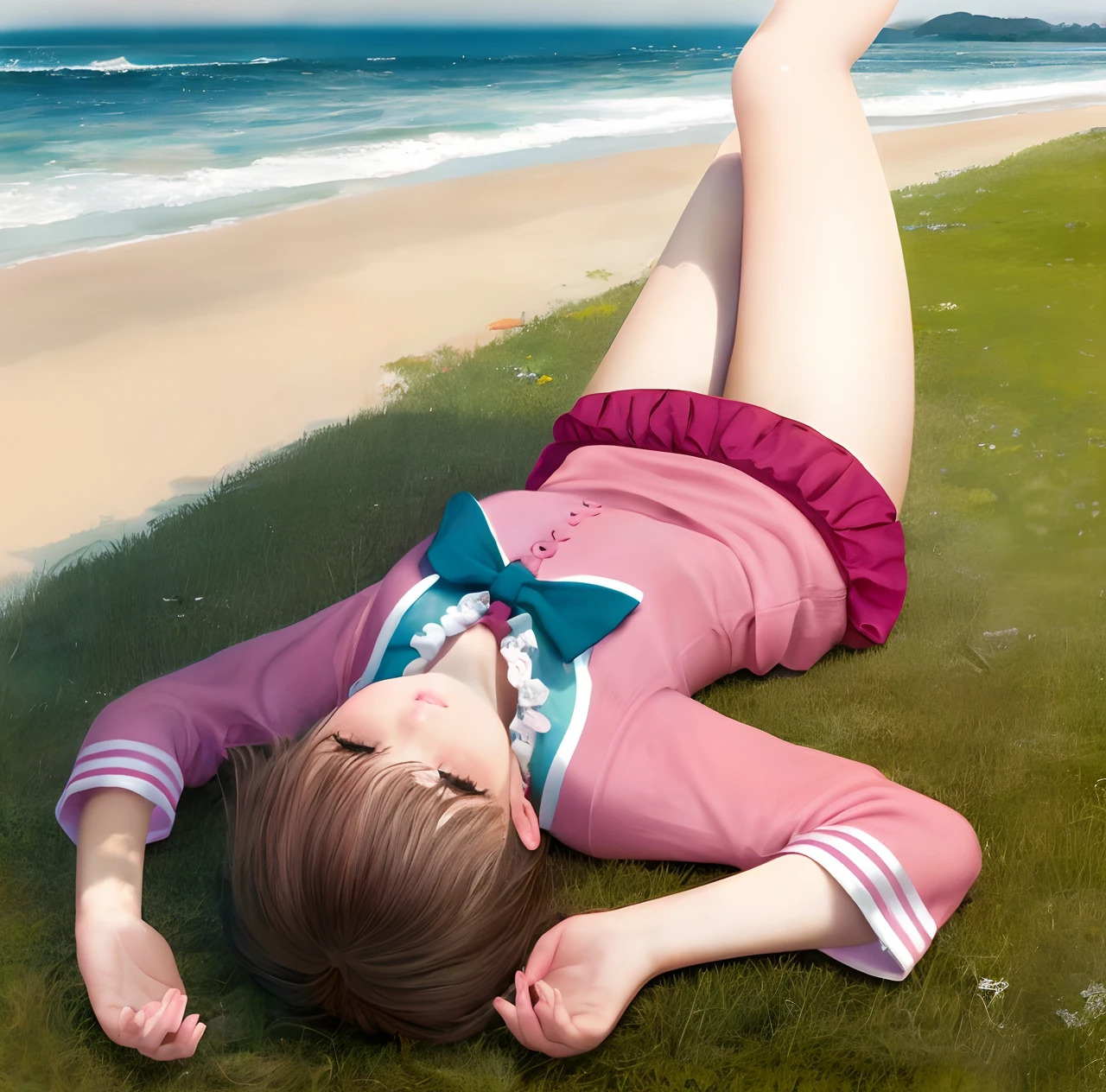 Seaside girl lying on her side，Pink clothes，hentail realism，Realiy，