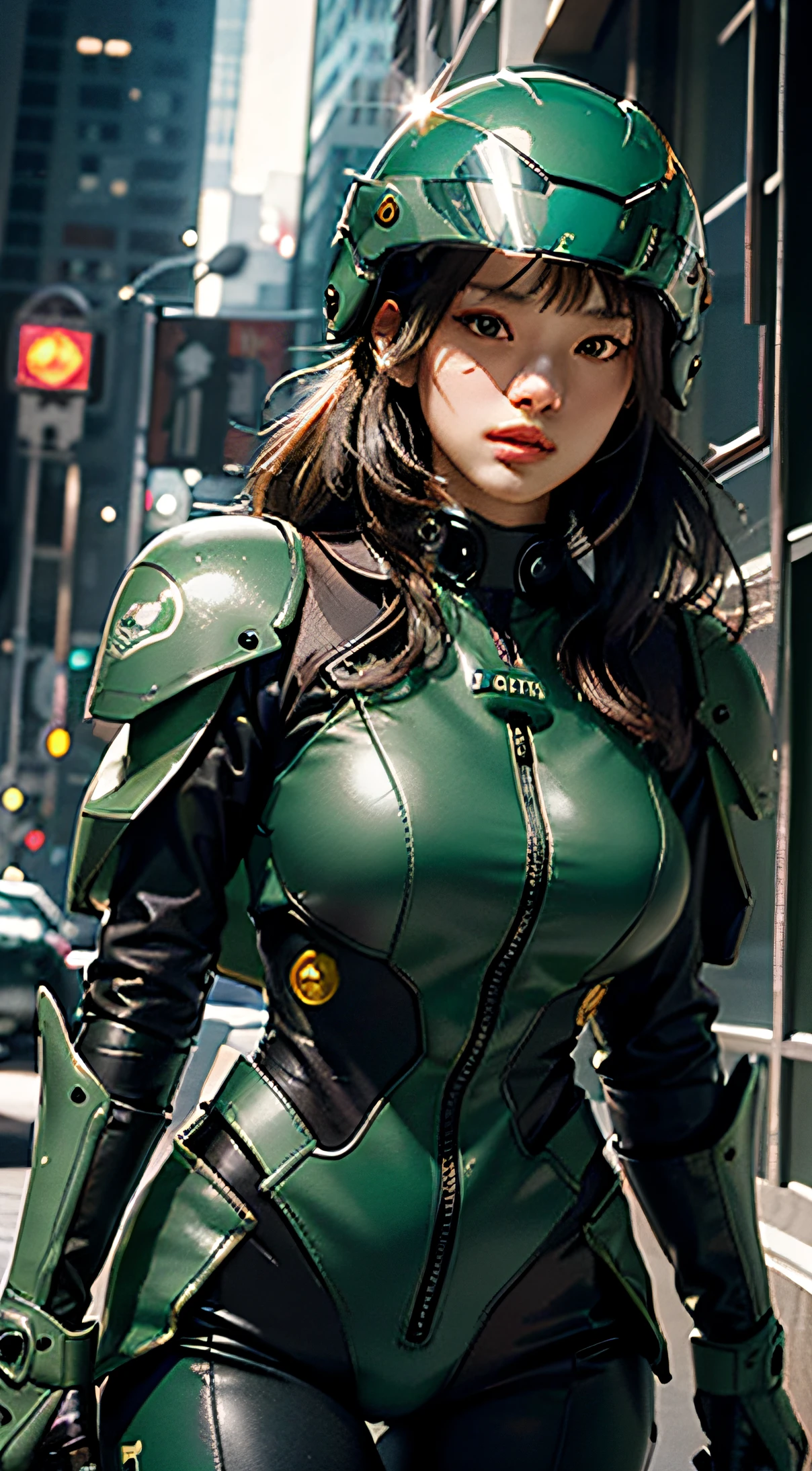 Highest image quality, outstanding details, ultra-high resolution, (realism: 1.4), the best illustration, favor details, highly condensed 1girl, with a delicate and beautiful face, dressed in a black and green mecha, wearing a mecha helmet, holding a directional controller, riding on a motorcycle, the background is a high-tech lighting scene of the future city.
