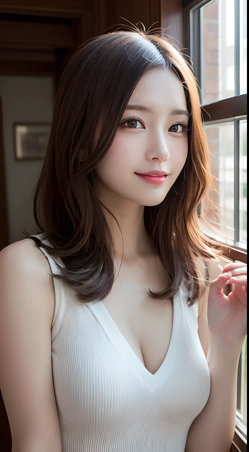(top-quality、8k、masterpiece:1.3)、Beautiful Women in Perfect Figure:1.4、dark brown hair、Dining at the restaurant、sit a chair、Oblique back view、in a kitchen、extremely detailed face and skin、A detailed eye、二重まぶた、huge tit、a smile