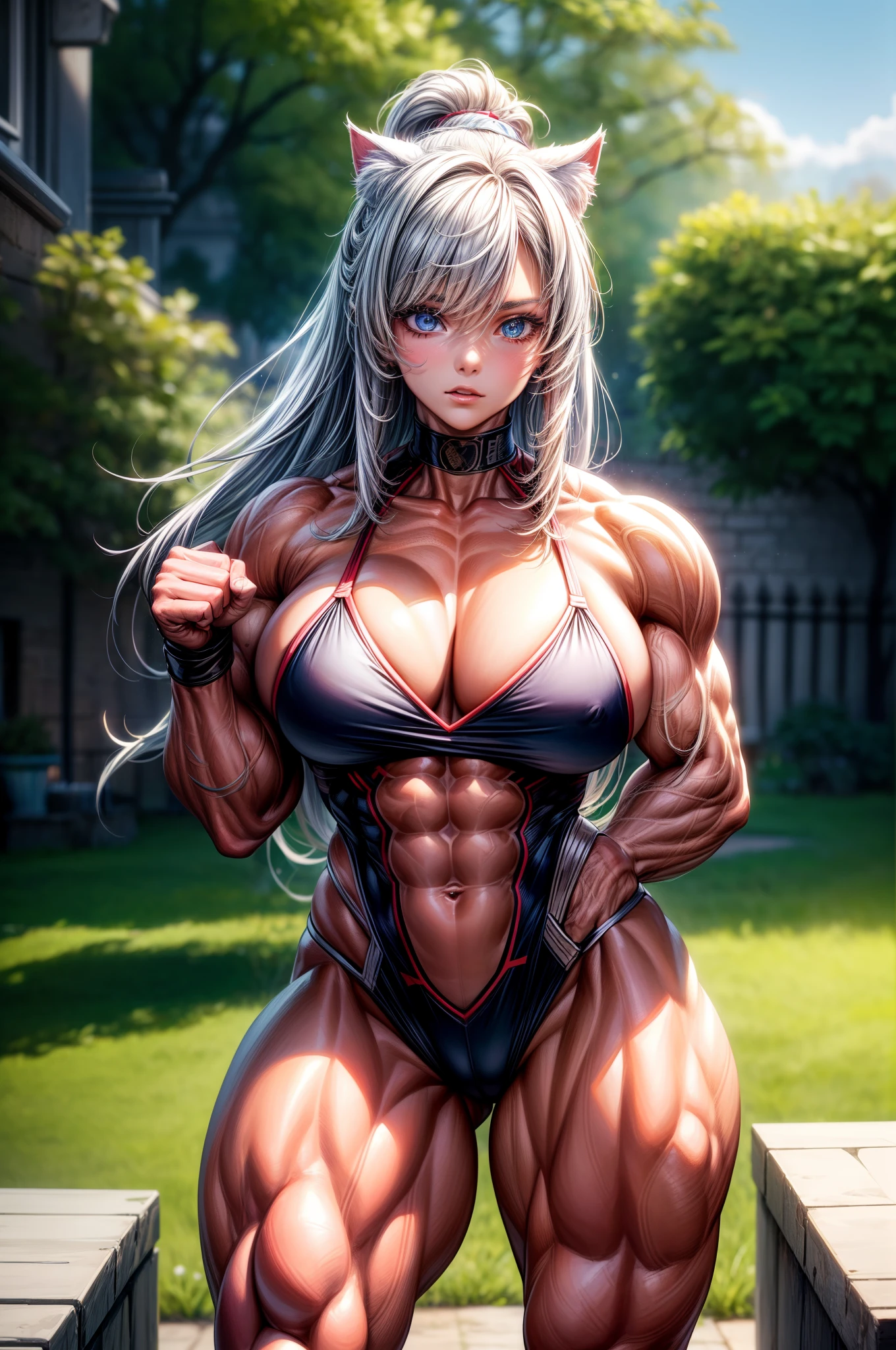 (BEST lighting) , (ultra intricately detailed) , 4K unification, (super-detailed CG: 1.2) , (8K: 1.2),(Original), (Masterpiece) , (Best quality),(Masterpiece:1.4),Anime-ish high quality,(Masterpiece),Masterpiece, Super clear picture quality,Clearer than movies,(Fine face)Best quality, absurderes,((masterpeace, 4K, 8K, Yes, A high resolution))1girll, schoolgirls,She was in the garden,Ten strong abs,Cat cat ears,standing on your feet,Exposing the abdomen, Crop topping,There are bulges of dense veins on the arms,Spring, Boots, Perfect figure, Long silver hair, Dynamic pose,Legs exposed,Strong leg muscles ((body builder:1.5)),Spring Garden,(Beautiful bace),(Girl),(Female),(((Upper body:1)))