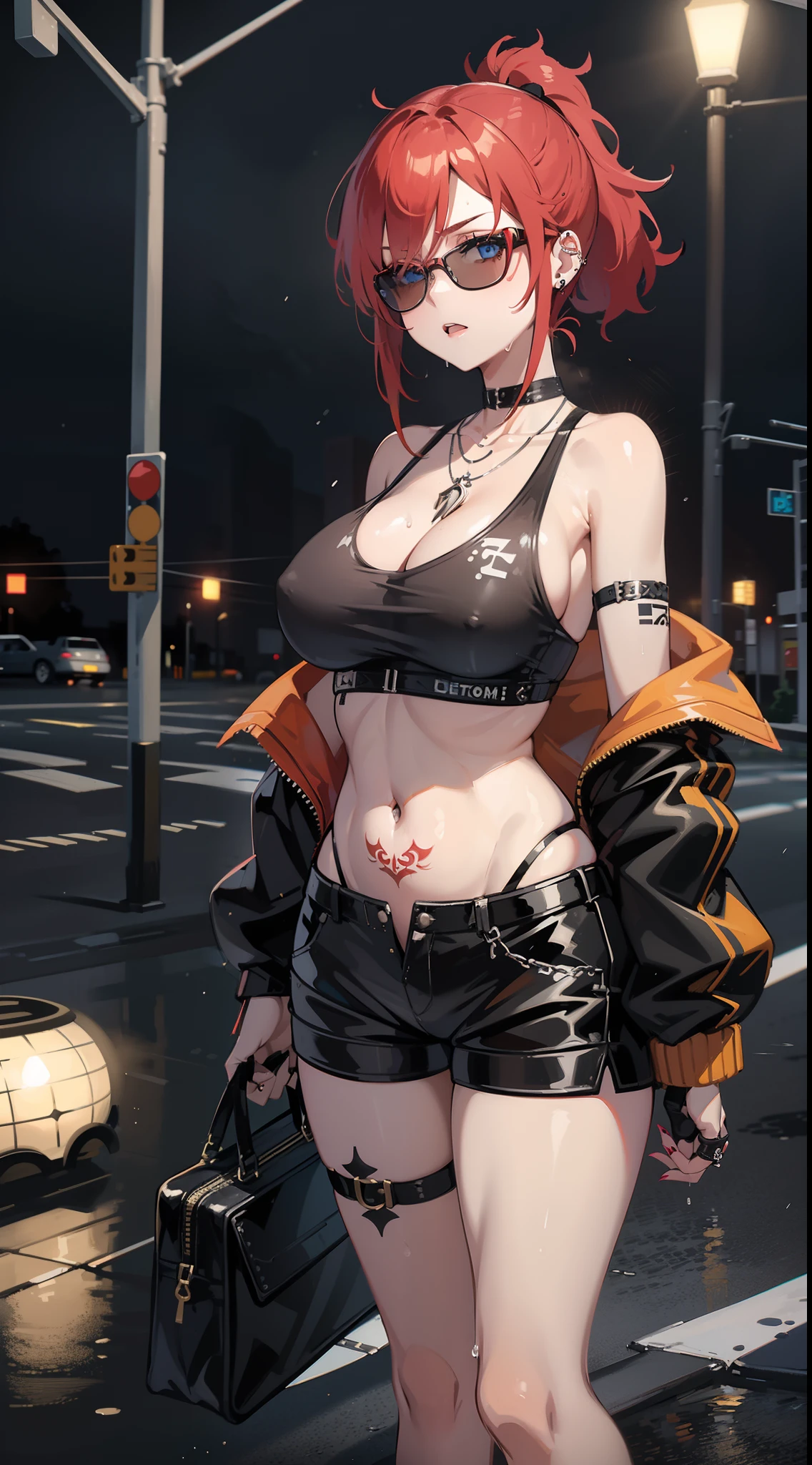 1 girl, solo, red hair, short ponytail, blue eyes, drizzling, sunglasses, roadside, zebra crossing sunglasses, roadside, zebra crossing ,under the lamp post, mid night, black jacket, vans shorts, black crop top, bare shoulders, necklace, piercings, big boobs,belly tattoo, hand tattoo, Rain storm, wet, On a motorbike