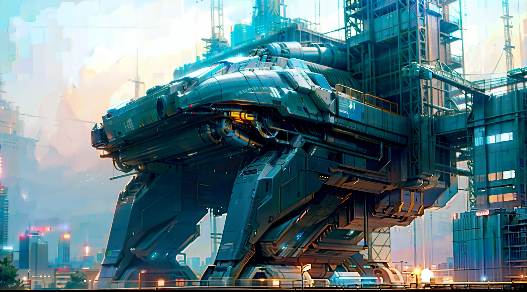 (Hyper-realistic sci-fi city,Huge futuristic mechanical buildings with magnificent complexes,The starry sky spreads overhead,Mechs roam the city and roam freely)。