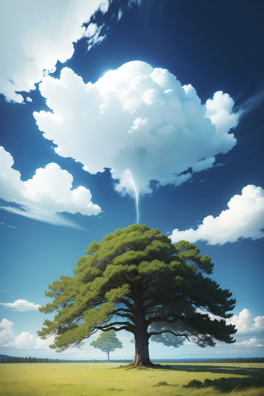 Vast grasslands，with blue sky and white clouds，big trees，Japanese