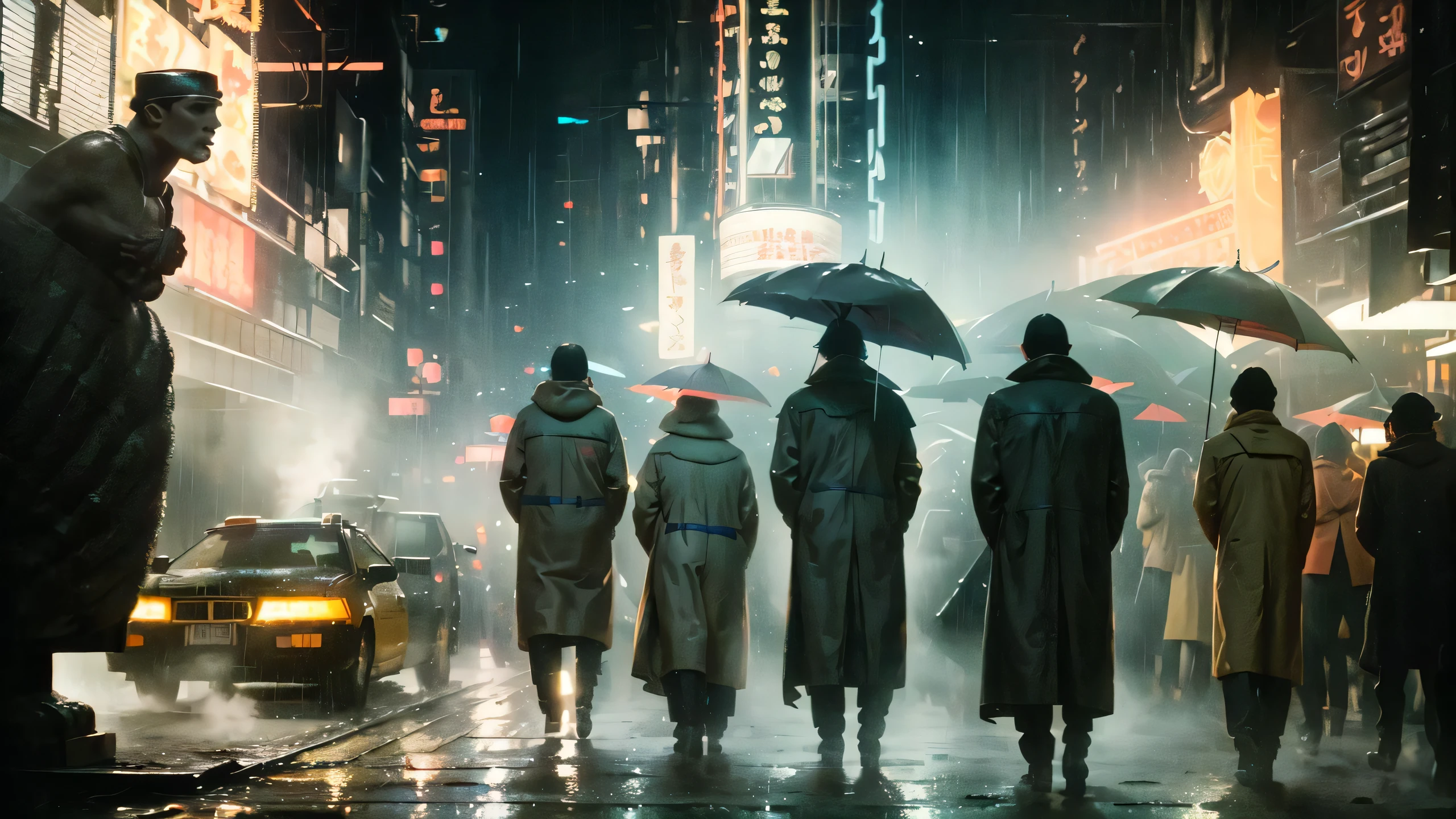 ((Best quality)), ((masterpiece)), (highly detailed:1.3), cyberpunk noodle bar at night in the rain,city, cinematic, inspired by bladerunner, inspired by syd mead,HDR (High Dynamic Range),,Ray Tracing,NVIDIA RTX,Super-Resolution,Unreal 5,Subsurface scattering,PBR Texturing,Post-processing,Anisotropic Filtering,Depth-of-field,Maximum clarity and sharpness,Multi-layered textures,Albedo and Specular maps,Surface shading,Accurate simulation of light-material interaction,Perfect proportions,Octane Render,Two-tone lighting,Low ISO,White balance,Rule of thirds,Wide aperature,8K RAW,Efficient Sub-Pixel,sub-pixel convolution,light scattering,Tyndall effect,