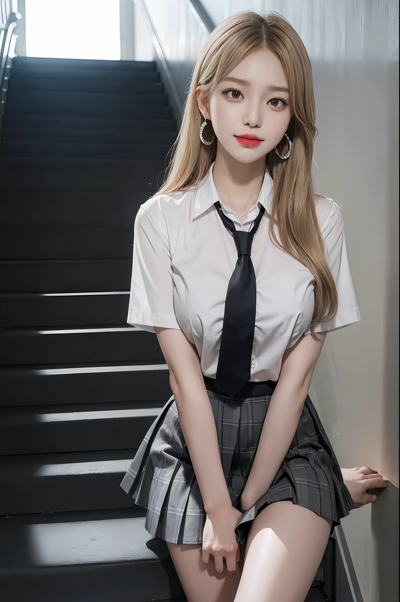 POV, Chloe Grace Moretz, School girl, white and black uniform, white and black skirt, black lace choker, white lace thigh highs, looking at viewer, class room background, sitting on desk, seductive, dark eyeliner, sexy eyeliner, 