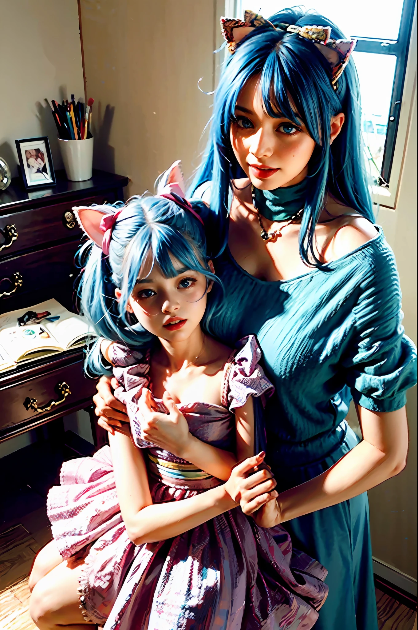 2girls，dual horsetail，O cabelo multicolorido，hair adornments，Hair above one eye，Cat ears，eBlue eyes，Blue hair，Pink hair，ssmile，Bow knot，独奏，inside in room，putting makeup on，pleatedskirt，long whitr hair，By bangs，Powder nails，Open-mouthed,The most beautiful chaotic form,ellegance,Fauvistdesign,vivd colour,romanticism lain,atmospurate,(RAW photos,best qualtiy),(fidelity,Photo realism:1.3),tmasterpiece,Extremely Delicately Beautiful,extremely higly detailed,sitted，Mother and daughter，Mother holding her daughter，The two took a group photo，Mom is 24 years old，The daughter is 6 years old