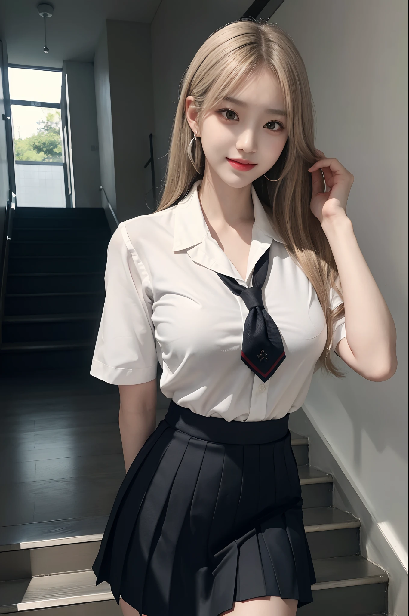 Gray eyes, Korean school uniform, summer school uniform shirt, ribbon tie, skirt, bright blonde, school stairs, going down school stairs, chest thrusting pose, chest bragging pose, 8k raw photo, high resolution, cool Korean at , very big round breasts, beautiful eyes in detail, long eyelashes, beautiful double eyelids, eyeshadow, eyeliner, slender eyes, elongated eye shape, Sanpaku eyes, evil smile, evil look, beautiful very thin legs, beautiful very thin thighs, random medium hair, hair tied behind the head, earrings,