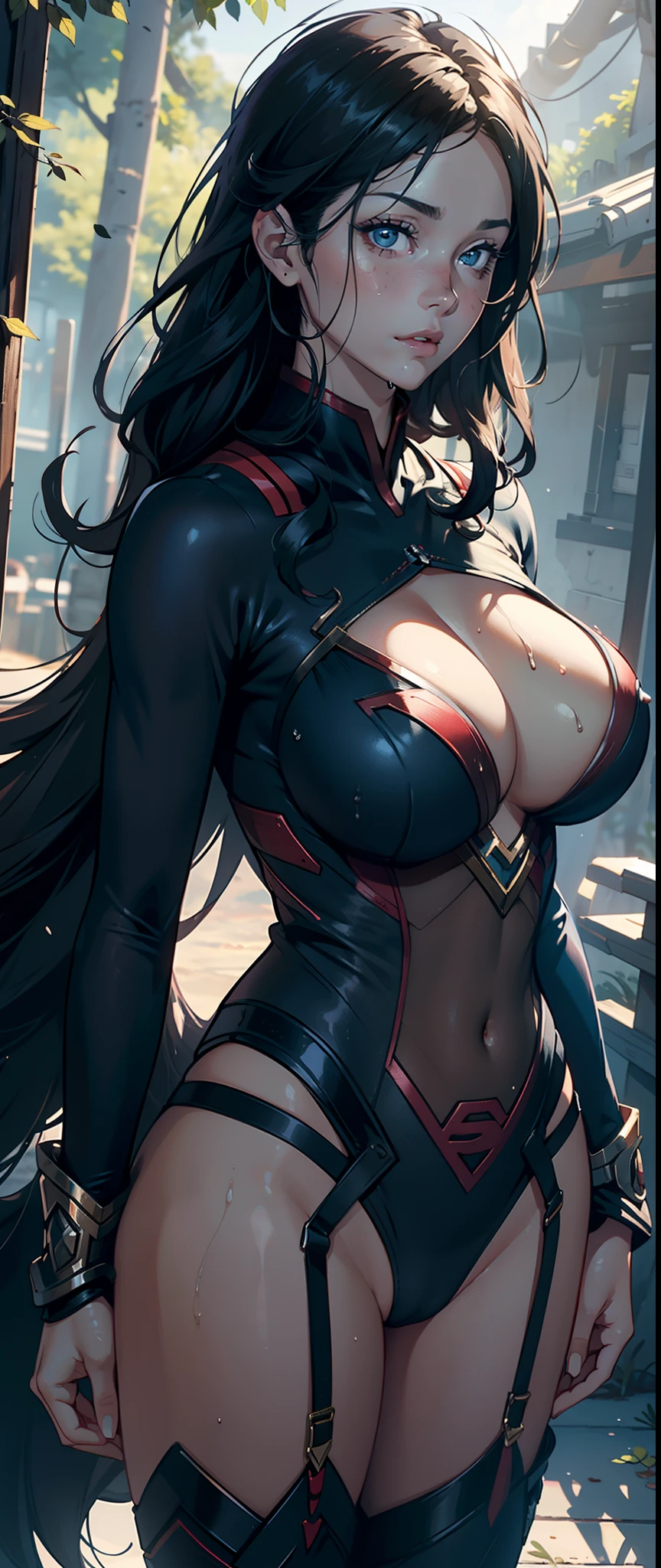 1female，35yo，Huge breasts， 独奏， Supergirl，Wearing a Superman uniform， Pornographic exposure，ln the forest，  She has long flowing black hair， Bare genitalia，Sateen，Bigchest， From the front side， Wet straight hair， Sweating profusely，mostly cloudy sky，（tmasterpiece），（Very detailed CG unity 8K wallpaper），best qualtiy，cinmatic lighting，detailed back ground，beatiful detailed eyes，Bright pupils，（Very fine and beautiful），（Beautiful and detailed eye description），ultra - detailed，facing at camera，A high resolution，ultra - detailed），Very long hair，standing on your feet，Emotive expressions，Open-mouthed，Chest sagging，nakeness， Expose the genitals，revealing breasts，Camel toes，with no underpants，extremely large bosom，Extremely colorful，Most detailed，fully body photo，The face is well lit