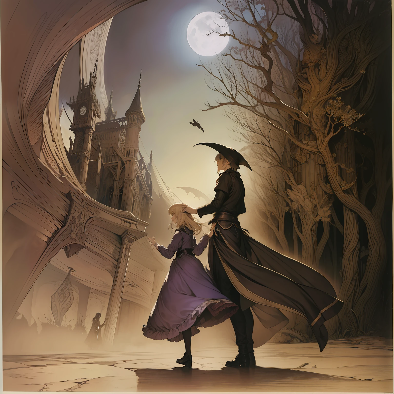 Arthur Rackham Anime　surreal　wondrous　strange　Whimsical　absurderes　fanciful　Sci-Fi Fantasy　Black Museum Crescent Moon、Dance with the monster　Beautiful blonde girl in maid clothes