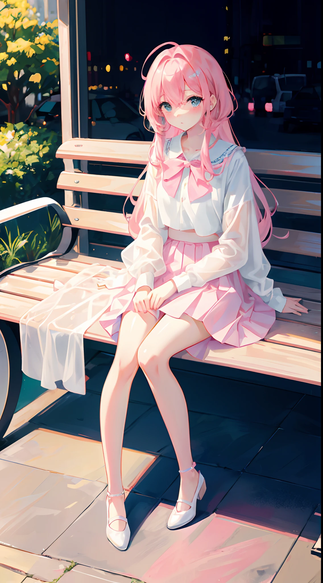 Pretty girl with pink hair，A queen，mid - length hair，white transparent long skirt，The reveal panties，Blushing and shy，Lift the skirt，legs crossed，Sit on a bench