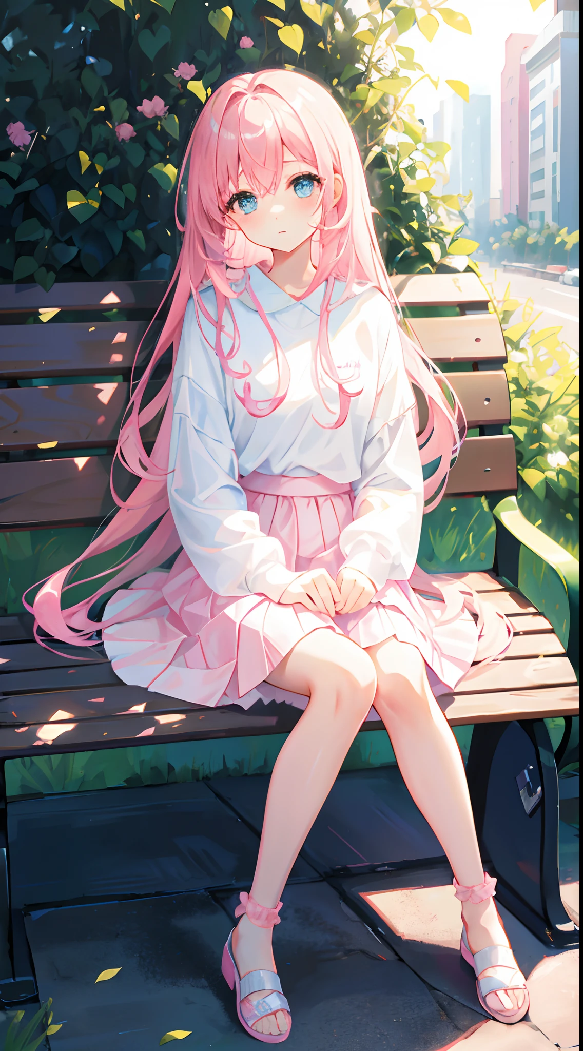 Pretty girl with pink hair，A queen，mid - length hair，white transparent long skirt，The reveal panties，Blushing and shy，Lift the skirt，legs crossed，Sit on a bench