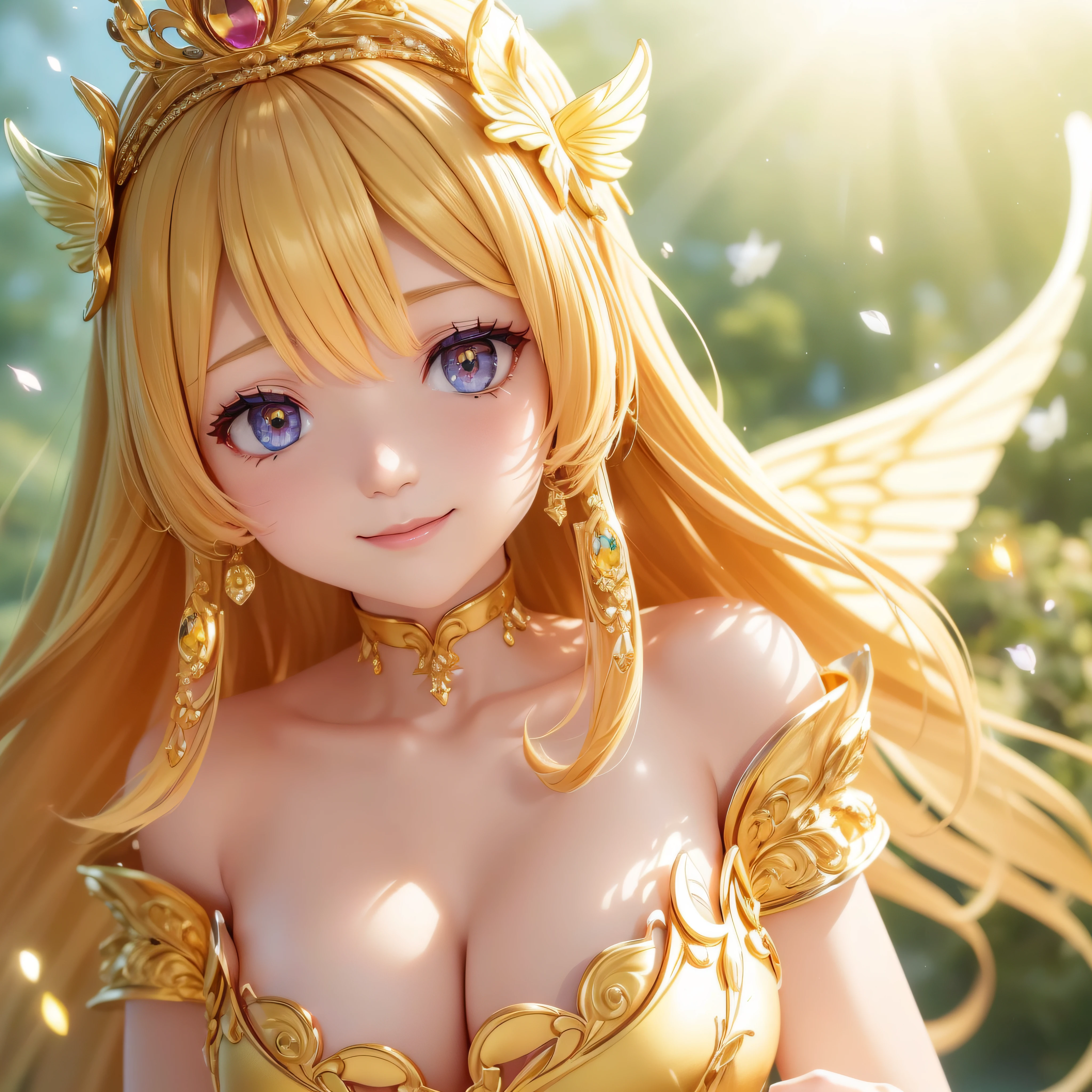 close-up of the smile face、close-up of the smile face、close-up of the smile face、smil、(Glowing eyes、Eye Gloss)、(Open lips、lipgloss)、dreamlikeart、Highly detailed airbrush art、intricate detailes、Volumetric lighting、top-quality、The ultra-detailliert、The composition of the movement、Highly detailed colorful details、Irridescent color、Bright lighting、dream-like、Magical、dynamic compositions、The mirror reflects light、Shallow depth of field、ultra-detailliert、mixing exposure、Super masterpiece、vivd colour、colourfull、One woman's face、Cute cat in clothes、Anthropomorphic representation、Rich colors、exquisitedetails、(butterflys,Exquisite butterflies,Ultra CG), (High resolution:1.5)、Sunlight on Earth。Warm sunlight glows golden、Fill the surrounding landscape。Light spreads like the wings of an angel、It looks like particles of light dancing in the air。 Gemstones come in a variety of colors and brilliance、When light passes through it、Iridescent glow spreads。These gemstones are like natural gemstones.、Sunlight enhances its brilliance.。When light hits the surface of the gemstone、Its glow instantly spreads magical fantastic colors around you.。 Gold symbolizes abundance and nobility、Its brilliance is、It makes you feel like you've stepped out of a dream。When the light hits the golden surface、As if particles of light turned into gold dust、A beautiful landscape studded with golden particles opens up.。 The empress is a symbol of strength and grace。Her presence is like the sun itself.、The light that shines around it spreads。Her costume and crown are also decorated with gold and jewels、The figure of the sun goddess appears as it is.。The presence of the empress、It adds more dignity and charm to the surrounding spectacle。 The combination of these factors、「How everything shines」is beautiful、It will be portrayed as a fantastic and magnificent sight。