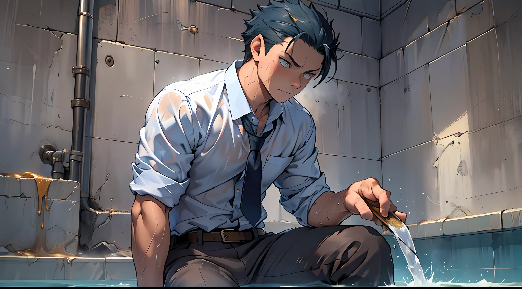 （1 Adult male），A high resolution， Sharp focus， Pixiv masterpiece， （（Complicated details））， highly  detailed， natsuki_subaru， 1 man，perfect male figure，Urine on the trouser leg， Nervously bow your head，is shy，embarressed，exhilarated，is shocked，panicking，worry，A pool of urine formed around him，Very eager to pee，Unbearable，Wet yourself，Urine discharge，full bodyesbian，sit astride，Tired，decadent， blue color eyes（eyes glowing）， Black hair short hair，white  shirt，Wear a tie，Wear a belt，trousers，perspire，Drenched，Get wet，pissing，urine flows down the pants，look from down