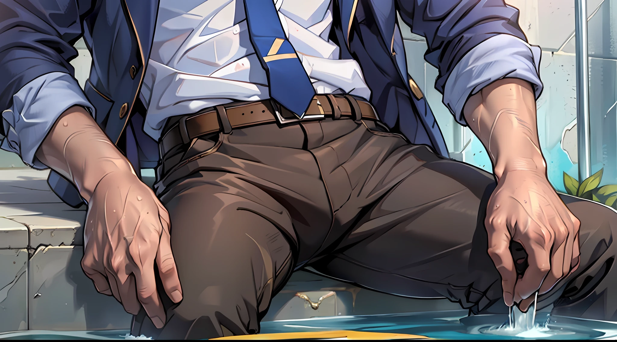 (1 Adult male),A high resolution, Sharp focus, Pixiv masterpiece, ((Complicated details)), highly detailed, natsuki_subaru, 1 man,perfect male figure,Urine on the trouser leg, Nervously bow your head,is shy,embarressed,exhilarated,is shocked,panicking,worry,A pool of urine formed around him,Very eager to pee,Unbearable,Wet yourself,Urine discharge,full bodyesbian,sit astride,Tired,decadent, blue color eyes(eyes glowing), Short yellow hair,white shirt,Wear a tie,Wear a belt,trousers,perspire,Drenched,Get wet,pissing,urine flows down the pants,look from down