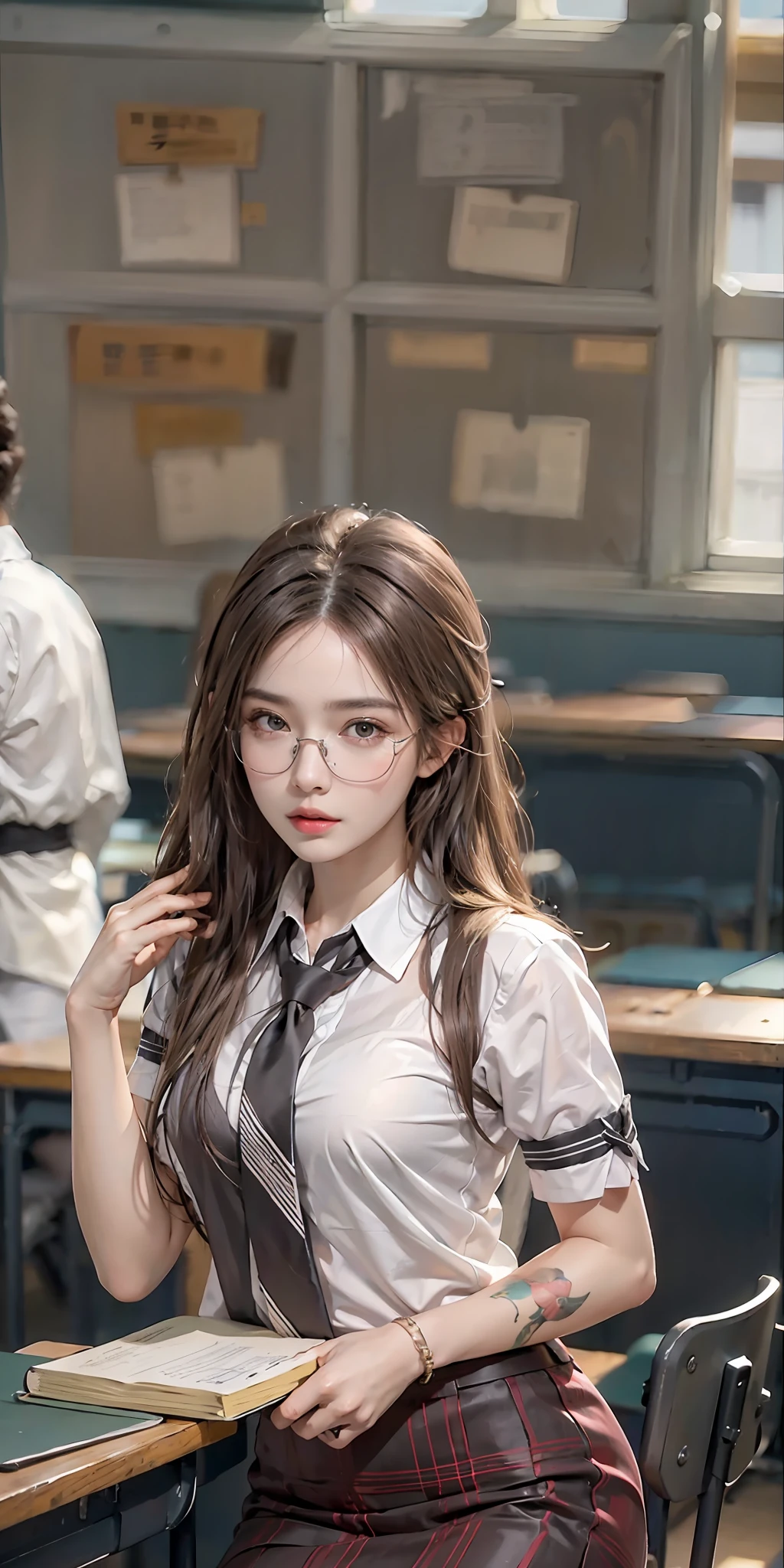 photorealistic, high resolution, soft light,1women, solo, hips up, (detailed face),tattoo, jewelry, Current School Classroom,At the podium,Wear classroom uniforms,wears glasses,Bigchest,low chest, long hair