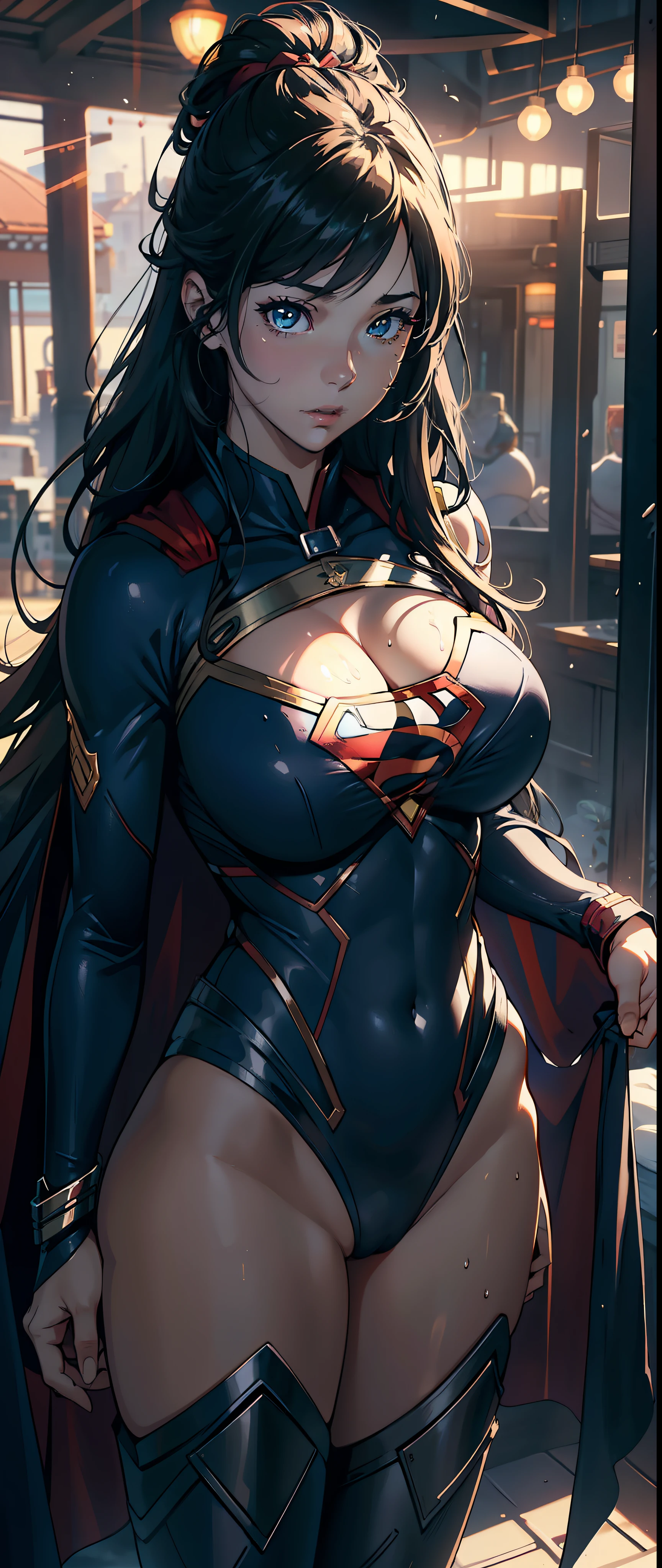 1female，35yo，Huge breasts， 独奏， Supergirl，Wearing a Superman uniform， Pornographic exposure，ln the forest，  She has long flowing black hair， Bare genitalia，Sateen，Bigchest， From the front side， Wet straight hair， Sweating profusely，mostly cloudy sky，（tmasterpiece），（Very detailed CG unity 8K wallpaper），best qualtiy，cinmatic lighting，detailed back ground，beatiful detailed eyes，Bright pupils，（Very fine and beautiful），（Beautiful and detailed eye description），ultra - detailed，facing at camera，A high resolution，ultra - detailed），Very long hair，standing on your feet，Emotive expressions，Open-mouthed，Chest sagging，nakeness， Expose the genitals，revealing breasts，Camel toes，with no underpants，extremely large bosom，Extremely colorful，Most detailed，fully body photo，The face is well lit