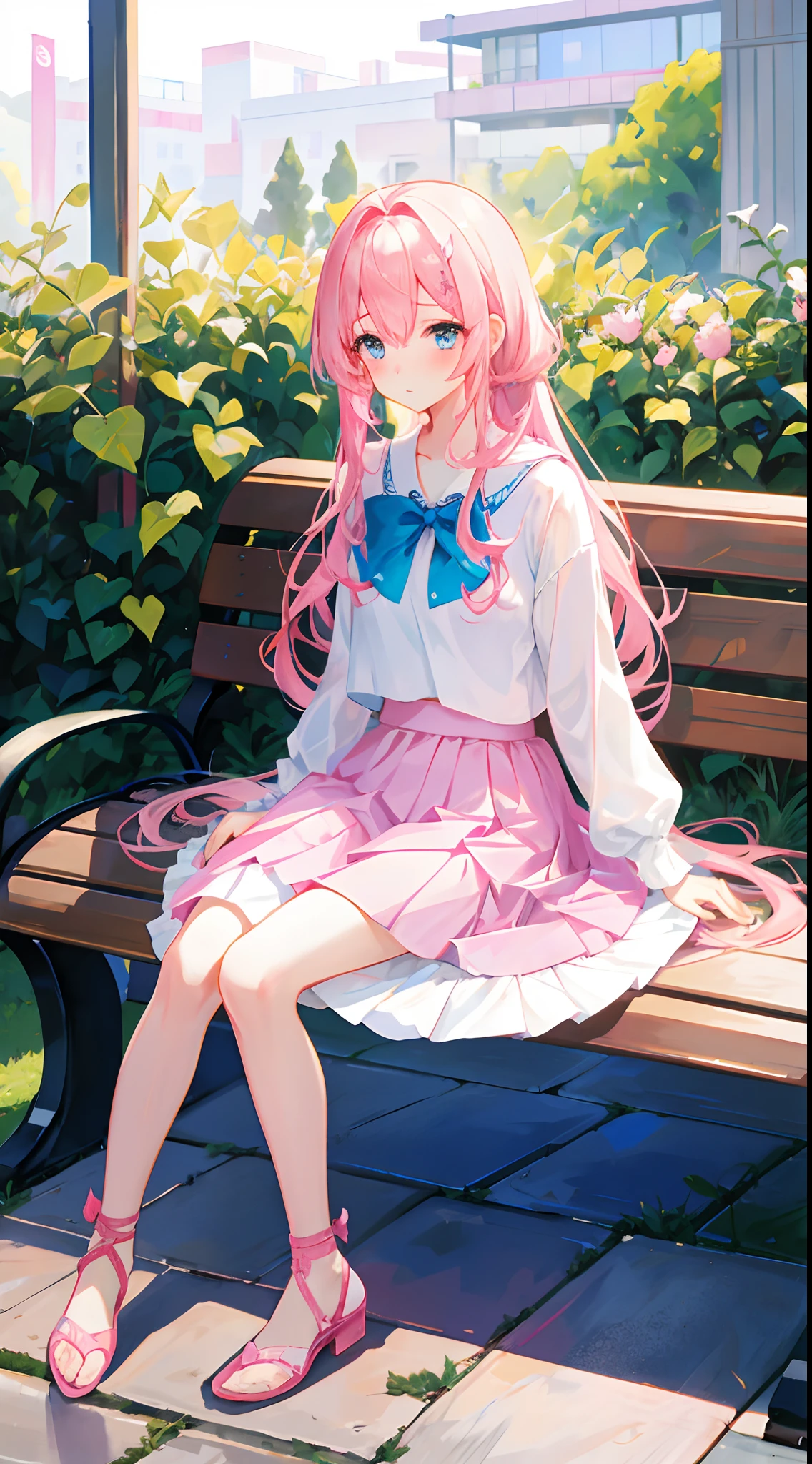 Pretty girl with pink hair，A queen，mid - length hair，white transparent long skirt，The reveal panties，Blushing and shy，Lift the skirt，legs crossed，Sit on a bench