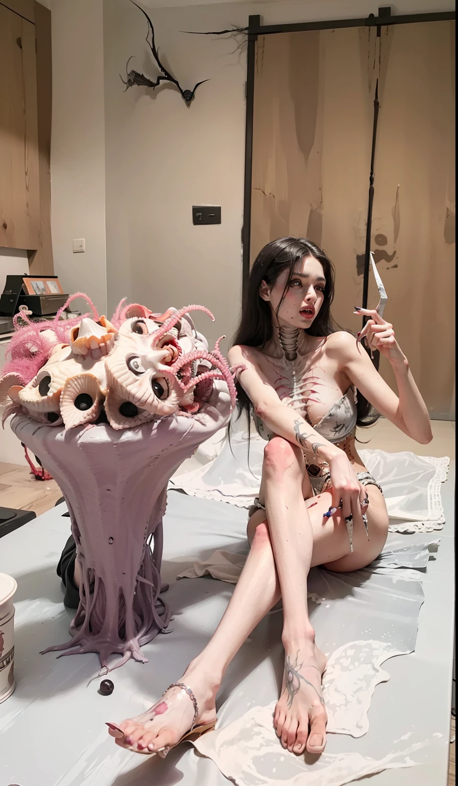 Fine matte paint,Skeleton dark angels, haunted castles with big wings, fill the drawing table with knives,terroral,uncanny,horrid,secret terror,tentaculata,grape trees,The eye,uncanny valley effect teeth,all fours,Critters,Blood Moon,Sharp fangs,vampire tooth,Blood