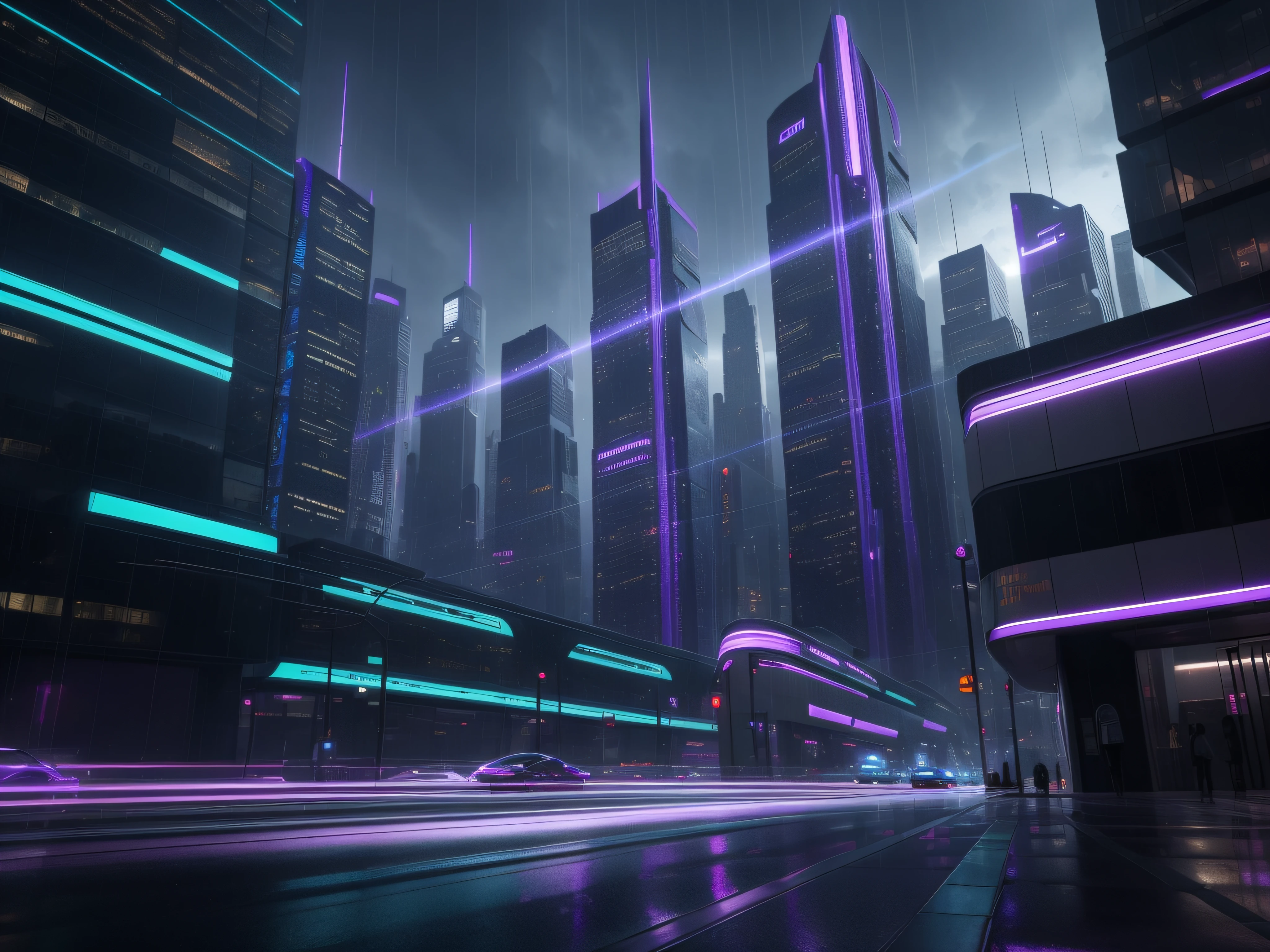 A futuristic and distracting city, with large buildings that defy gravity with their aesthetic designs and illuminated with violet colors, purple, azules y verdes. The lights of futuristic photograph-type vehicles are reflected in the pavement by the rain that falls on the city. Hiperrealista, 8K