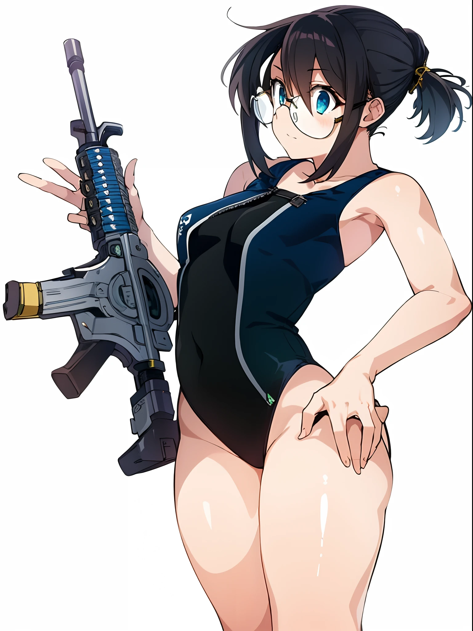 1girl, solo, (masterpiece:1.2, best quality), glasses, ((rim-less eyewear)), Hoodie, heartbelt, jeans, kimono, armored suit, maid dress, small breast, hold weapon,