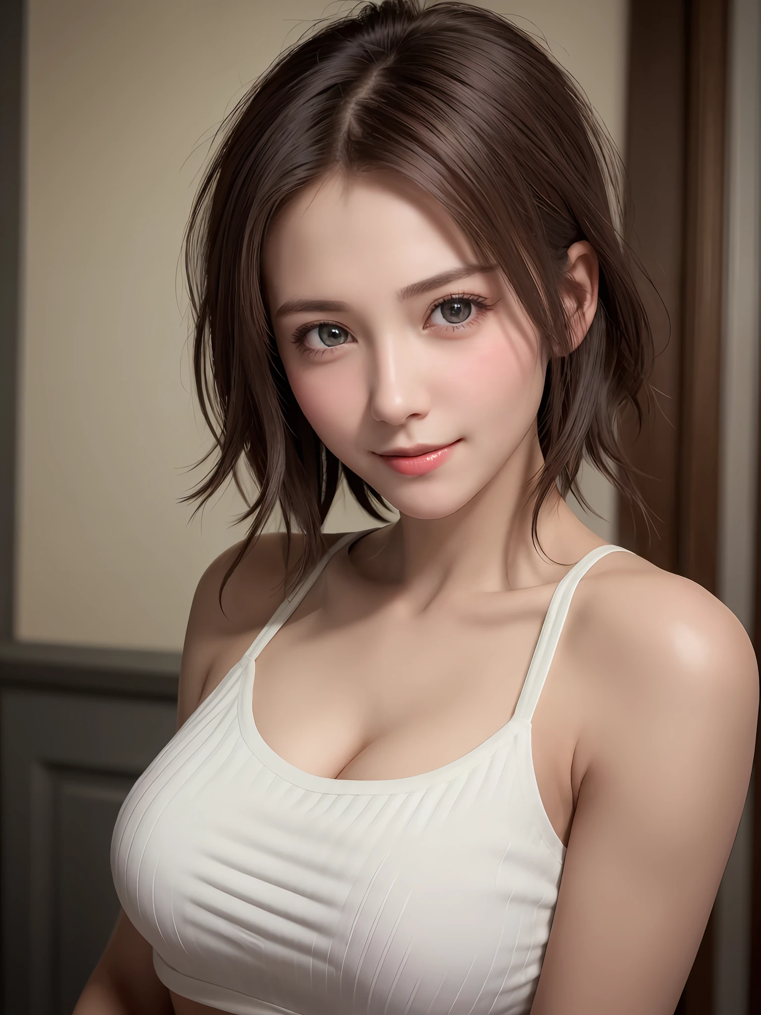 Night, Raw photography, (((Very beautiful portrait))), (Very beautiful portrait))), 1 girl, Sexy 25 year old girl, ((Short-cut natural brown hair)), [Brown eyes],Gentle smile staring at the camera(cleavage), ((masutepiece, Best Quality, Ultra Detail,...