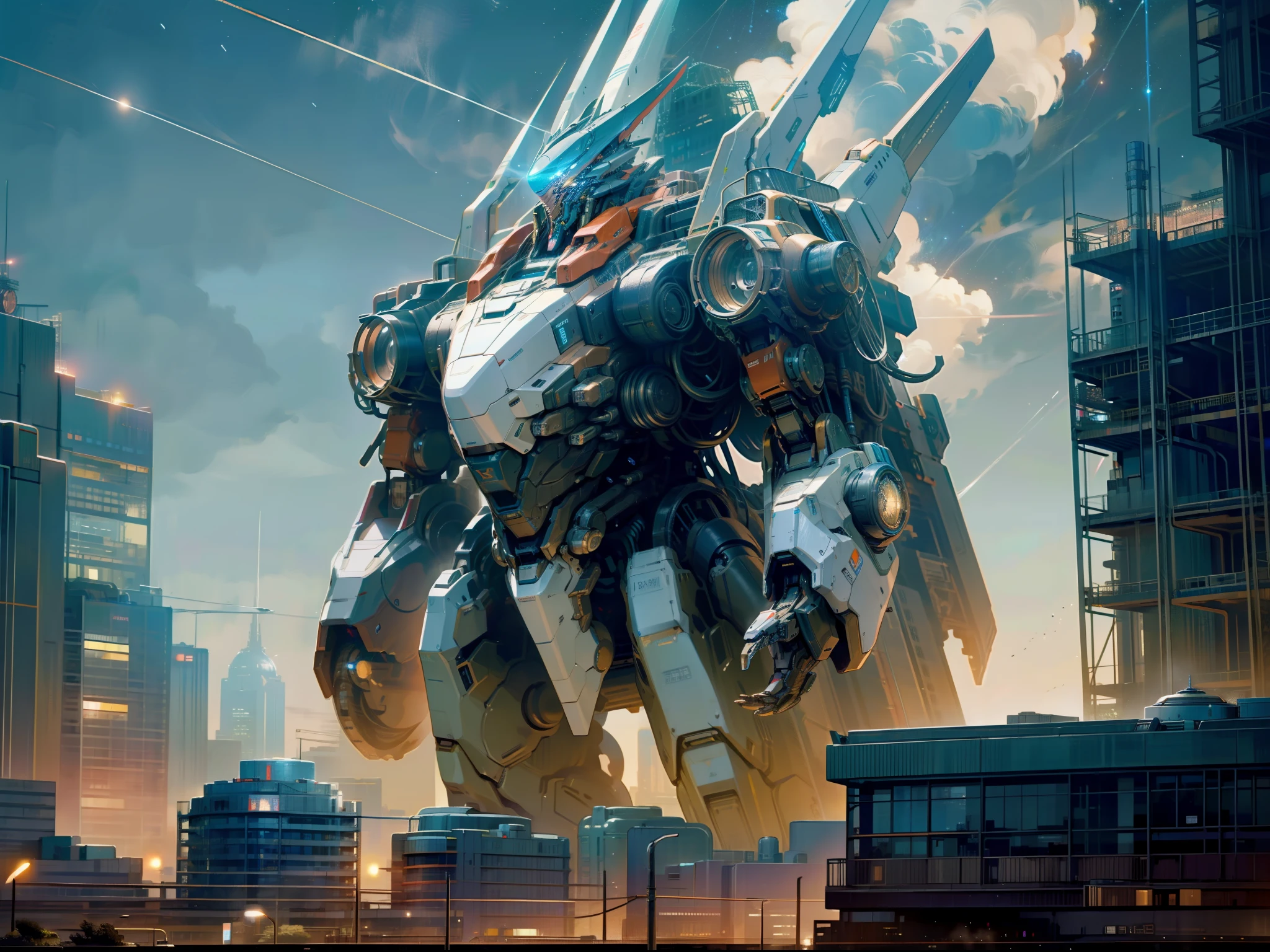 (Surreal sci-fi city,Huge futuristic mechanical building with magnificent complex,The starry sky spreads overhead,Mechs roam the city,roam freely)。