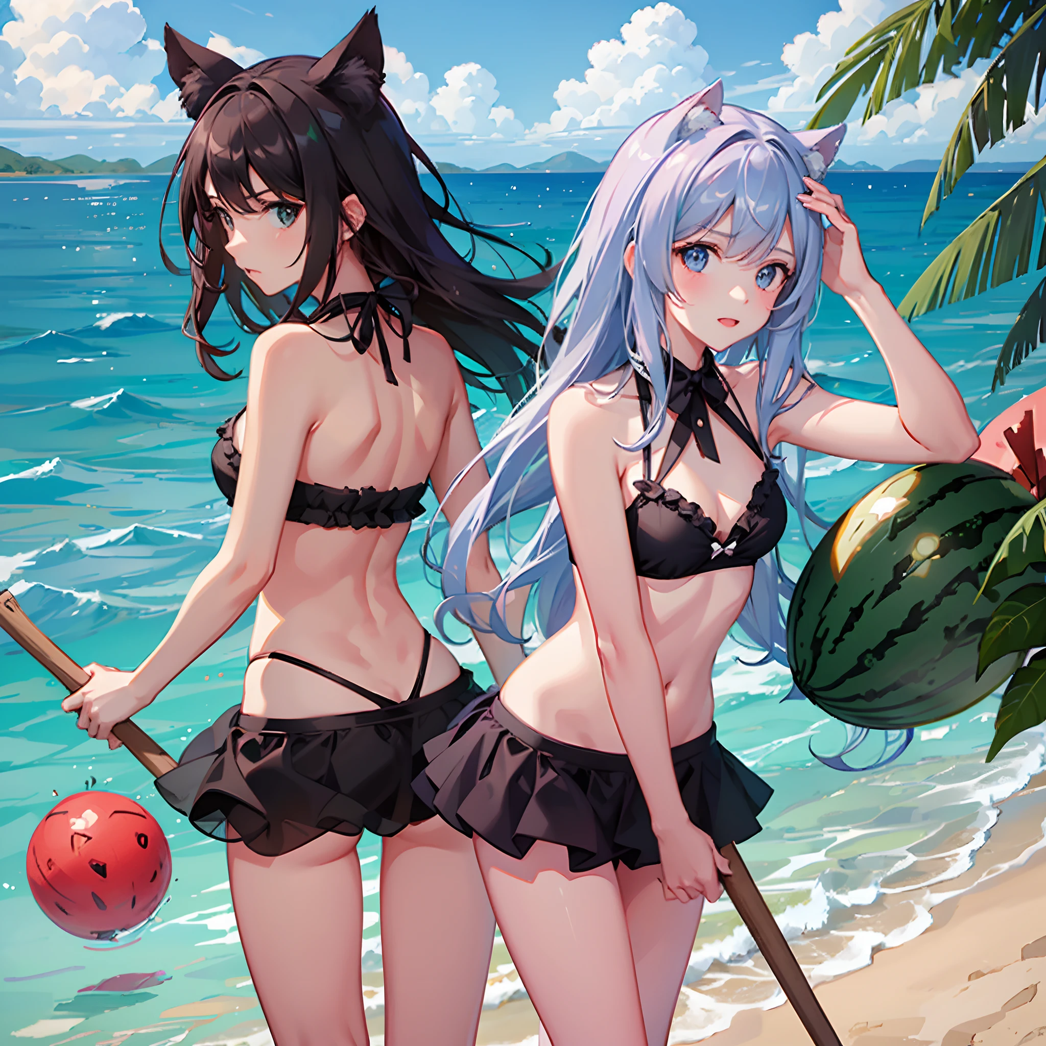 Two girls with animal ears enjoying a day at the beach, playfully using a long and strong wooden sticks to smash watermelons. a watermelon set on the beach --auto