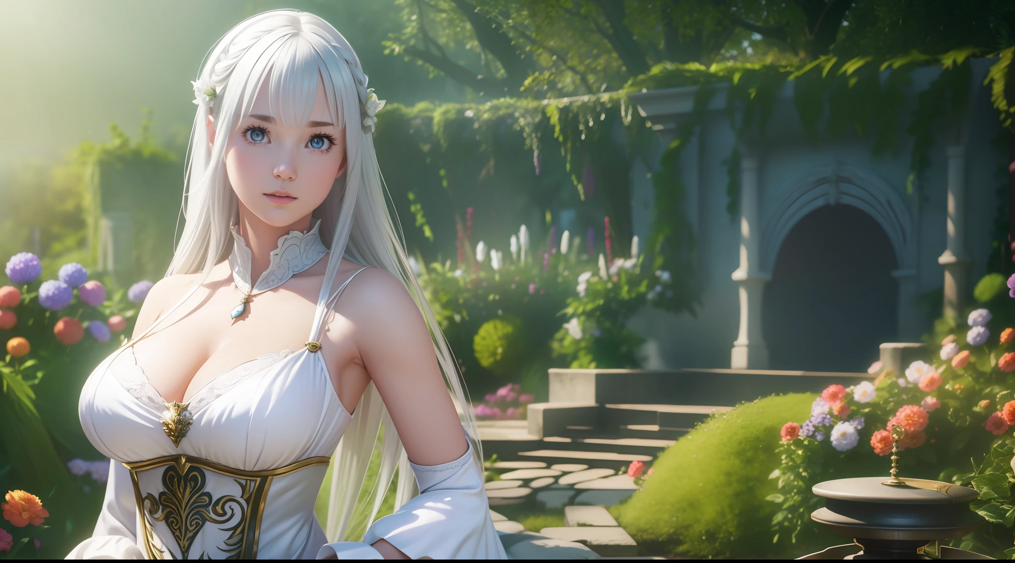 focused upper body, 1 girl, emilia, cute costume, big breast bust, sparkling eyes, (((garden background))), Colorful beautiful girl: light silver hair, nice perfect face with soft skinice perfect face, intricate detail, splash screen, 8k resolution, masterpiece, artstation digital painting smooth, 8k resolution photorealistic masterpiece, professional photography, natural lighting, volumetric lighting maximalist photoillustration: by marton bobzert