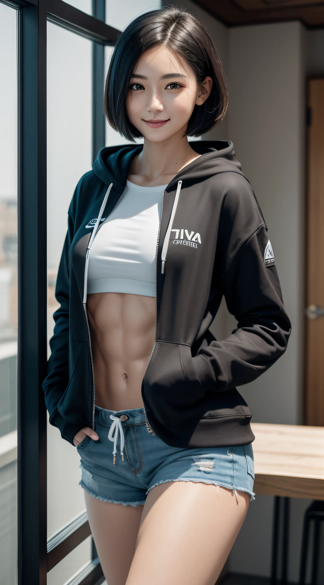 masterpiece, Photorealistic, distinct_image, 4K resolution, high_quality, super_detail, glamorous, female, perfect_body, perfect_face, small_face, 11_line_abs, white_skin, thick_thighs, perfect Waifu, NVIDIA RTX, black_short_hair, smile, large_breasts, huge_ass, skinny_abs, dophin_shorts, hoodie