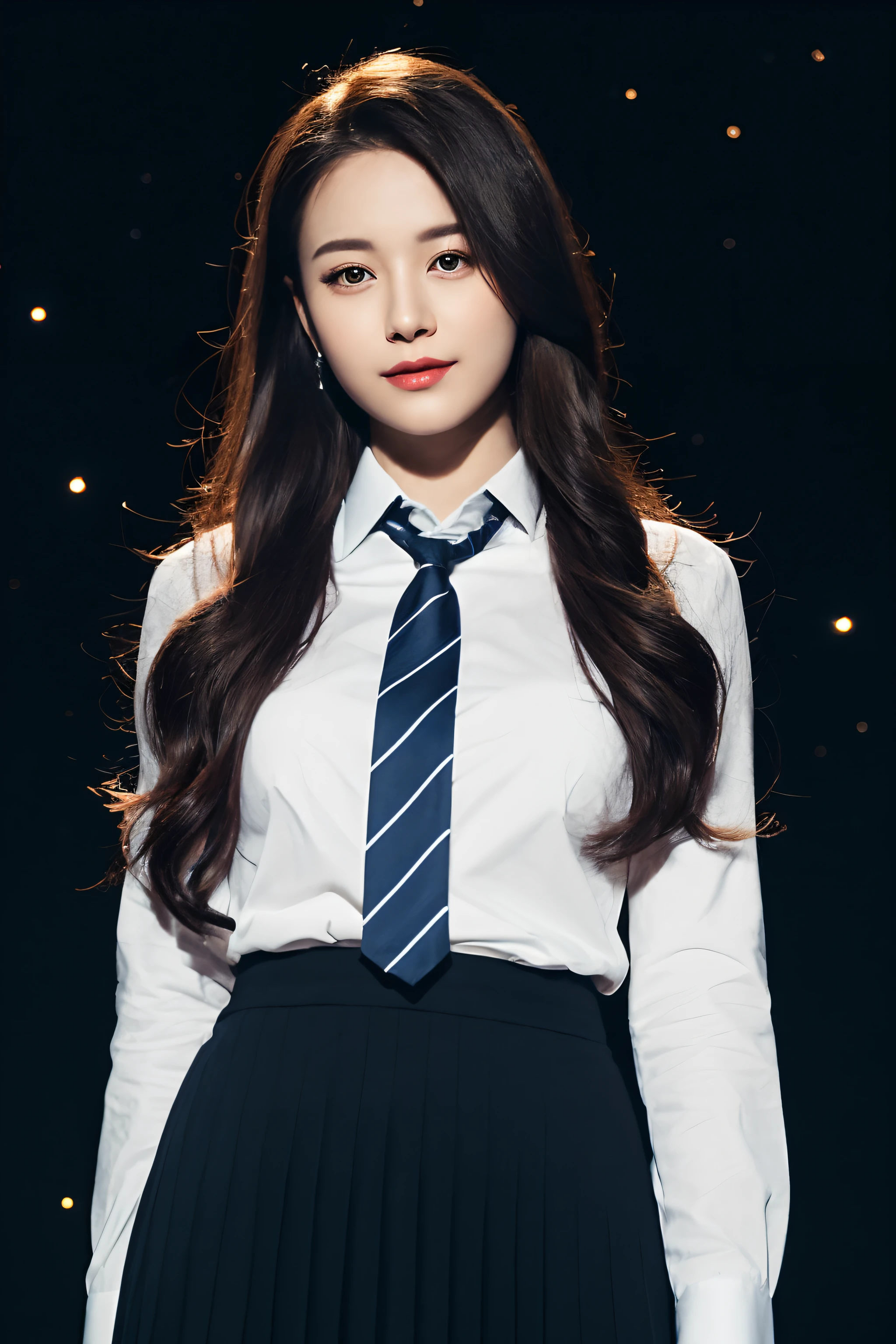 (Masterpiece: 1.2), (Best quality: 1.2),(Realism: 1.4), (Post-processing: 1.3), (Sharp focus: 1.3), 8K, upper body,(85mm photo), 1girl,MakeupPortrait, white shirts,black striped ties,pleated skirts,shiny skin tones Pantyhose,long and flowing hair, perfect facial features, tall figure, slender legs, charming, gazing, dynamic posture,cool light colors, twinkling starry sky background,
