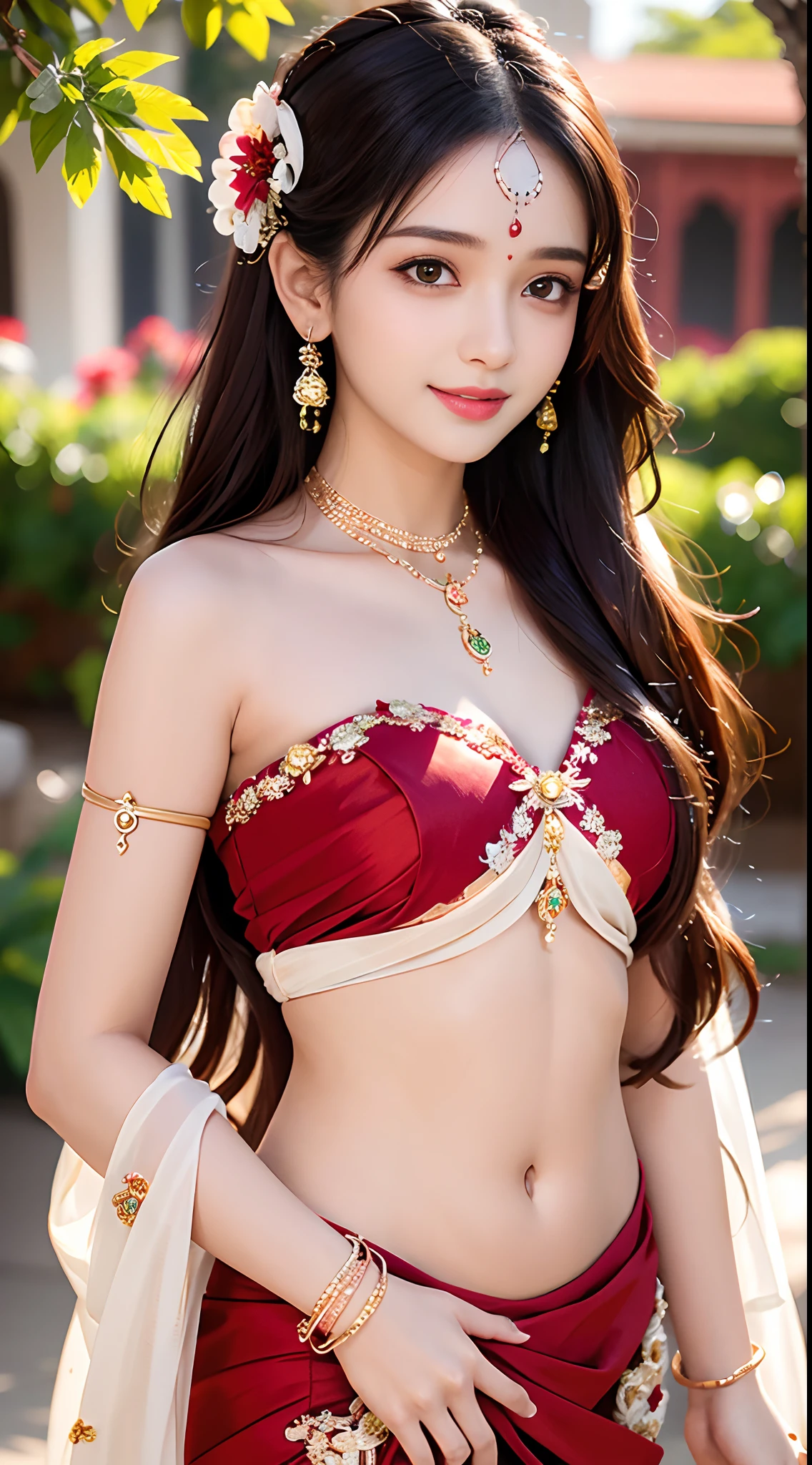 8K, ultra high detailed, an indian girl, cute face, happy, long hair, impressive hairstyle, detailed eyes, detailed lips, indian clothes, saree, red saree, lace, wearing jewellery, nature background, flowers, afternoon, shadow, clear weather, whole body capture,