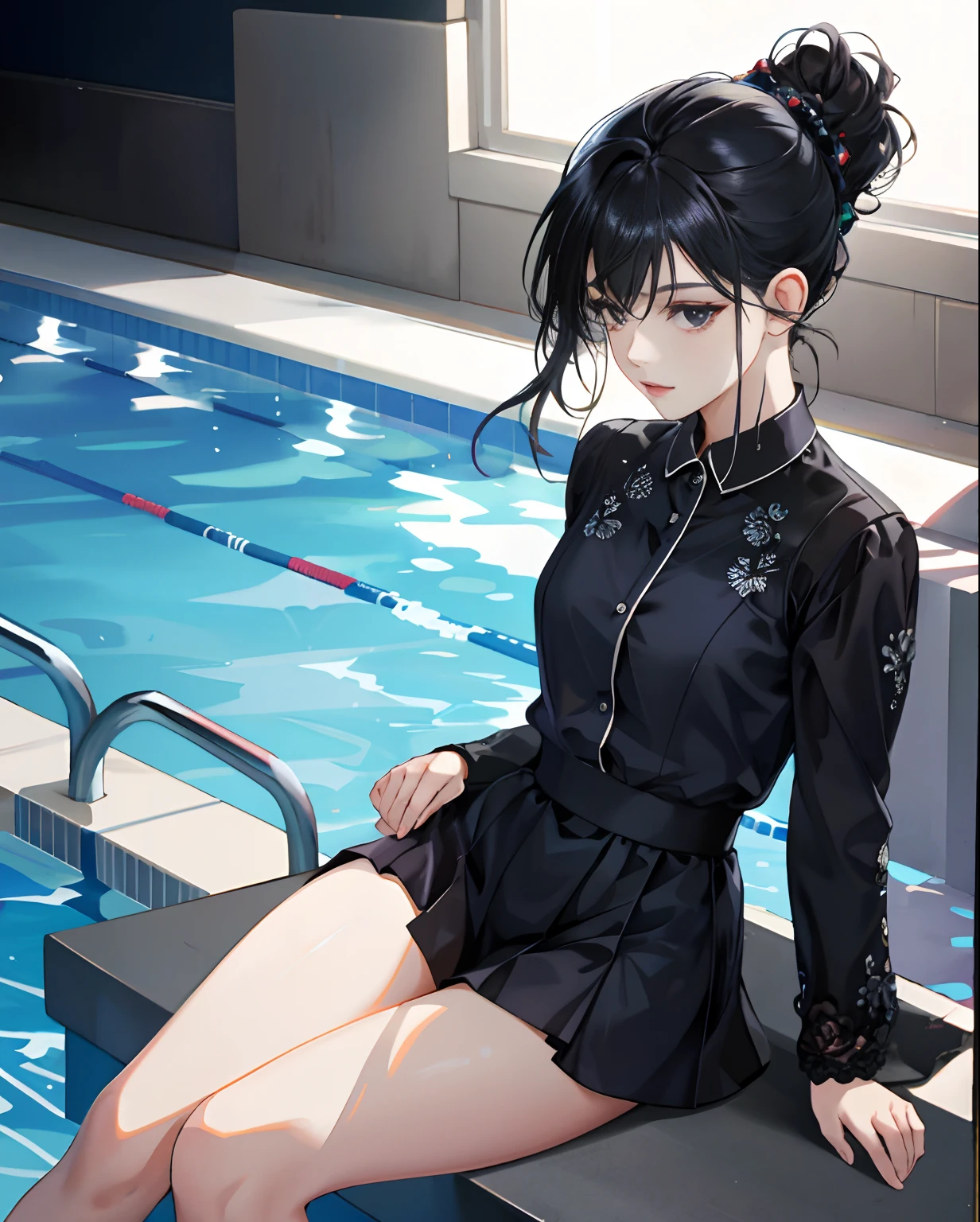 Superb masterpiece, 1girll,Hair up, Fair skin, Girls' pajamas, Black hair, Girl, Black eyes, Thigh clothing, coalescence, Super clear, face retouch, Pool background, looking at viewert,Sit on the edge of the pool