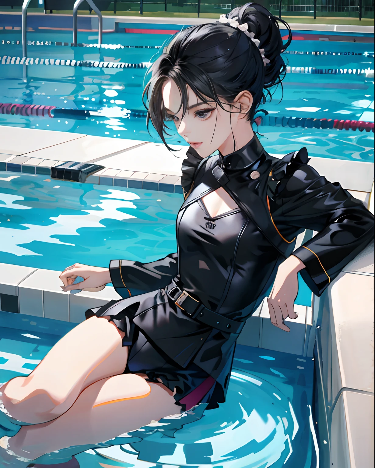 Superb masterpiece, 1girll,Hair up, Fair skin, Girls' pajamas, Black hair, Girl, Black eyes, Thigh clothing, coalescence, Super clear, face retouch, Pool background, looking at viewert,Sit on the edge of the pool