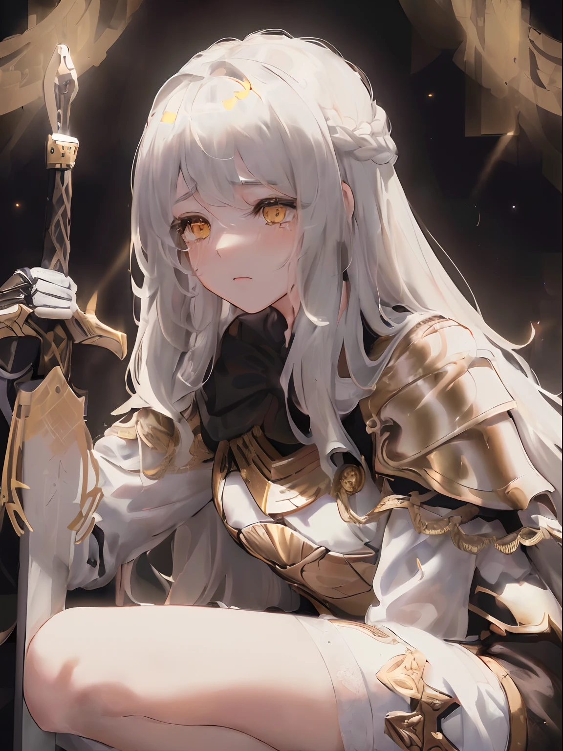 1woman, white long wavy hair, swept bangs, closed ((golden eyes)), tears rolling down eyes, ((calm closed eyed face)), ((holding sword close to face)), black armor, dark sky, pretty eyes, ((one knee to the ground like a knight’s oath)), ((light shining from the right corner like a spotlight as shadows cover her))