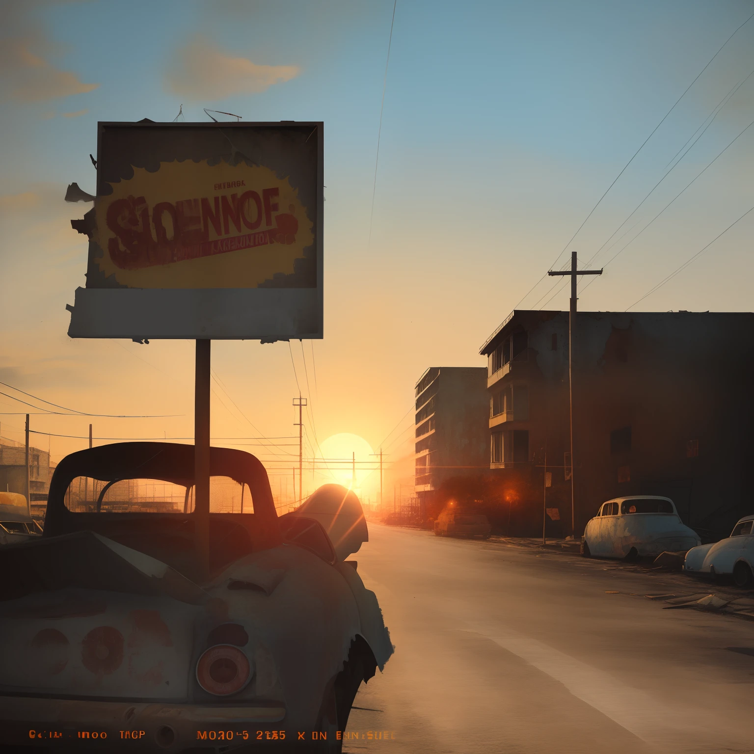Captured on positive film, the sun casts a warm glow on a post-apocalyptic landscape where remnants of human civilization peek through the encroaching wilderness. Crumbling structures, faded signs, and abandoned vehicles evoke a sense of nostalgia and melancholy for a bygone era.