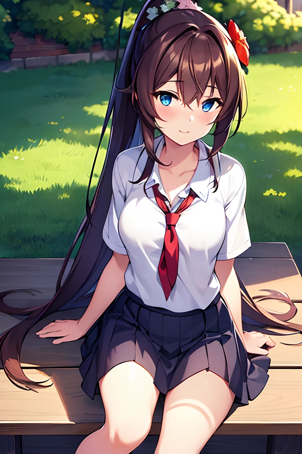 masterpiece, best quality, ultra-detailed, illustration, warm lighting, bright colors, 1girl,solo, long hair, very long hair, chifuyu,

brown hair, blue eyes, pony tail, hair ornament, hair_flower, 

school uniform, sitting, outdoors, t-shirt, casual wear,