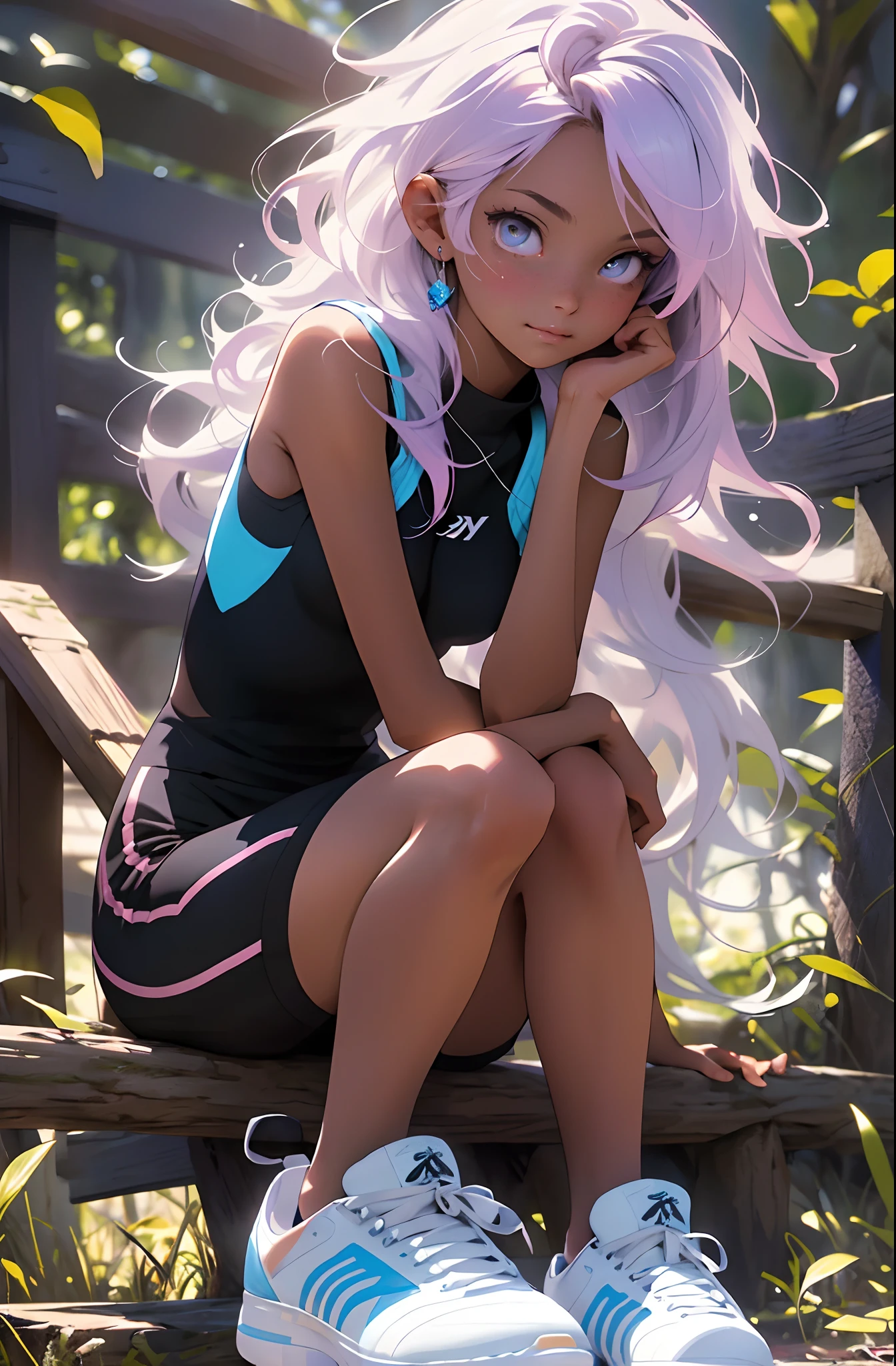 ((perfect whole body)), melancholy, quiet, calm, bright, masterpiece, best quality, 1girl, (JinxLol:1.2), (ultra photorealistic:1.3), (masterpiece:1.4), best quality, ((realistic)), high quality, ultra detailed, ((real image)), ((realistic skin)), ((realistic face)),(illustration:1.05), (beautiful:1.05), (beautiful detailed eyes:1.05), (cinematic light:1.1), purple and pink in the detacks, perfect whole body, slender silhouette, thin, small breasts, thick thighs, black and blue clothing, white sneakers