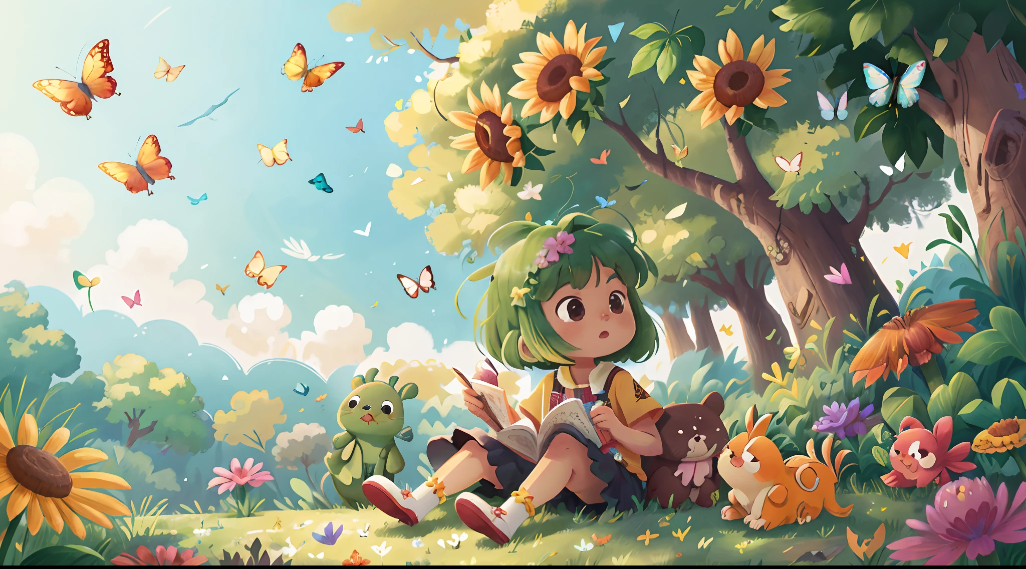 Ultra-high resolution surrounded by natural beauty、sprinkled with warm sun、Wildflowers fluttering in the breeze、Enjoying time in the open field、。Butterflies and birds flutter around her、Adds to the playful atmosphere、Farbe々Talking to animals