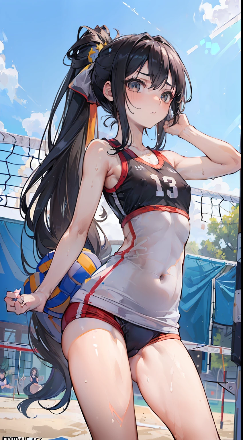 (masterpiece, 4k ,ultra detailed:1.2),(beautiful face:1.2),(anime:1.2),illustration,(solo:1.2),(looking at viewer:1.4),(supermodel:1.3),(volleyball athlete:1.4),(volleyball uniform:1.4),(bike shorts:1.4),(volleyball:1.5),(sweaty skin:1.3),(two-tone hair),,(absurdly long hair:1.5),(knitting hair:1.3),(ponytail:1.3),(white panties),(string,abs,bouquet,child,small breasts,petite:1.1),(sfw,nipple,flat chest,dress,sports bra:1.5),(cinematic angle),(full body:1.2),(Camel toe:1.3),(volleyball field:1.5)