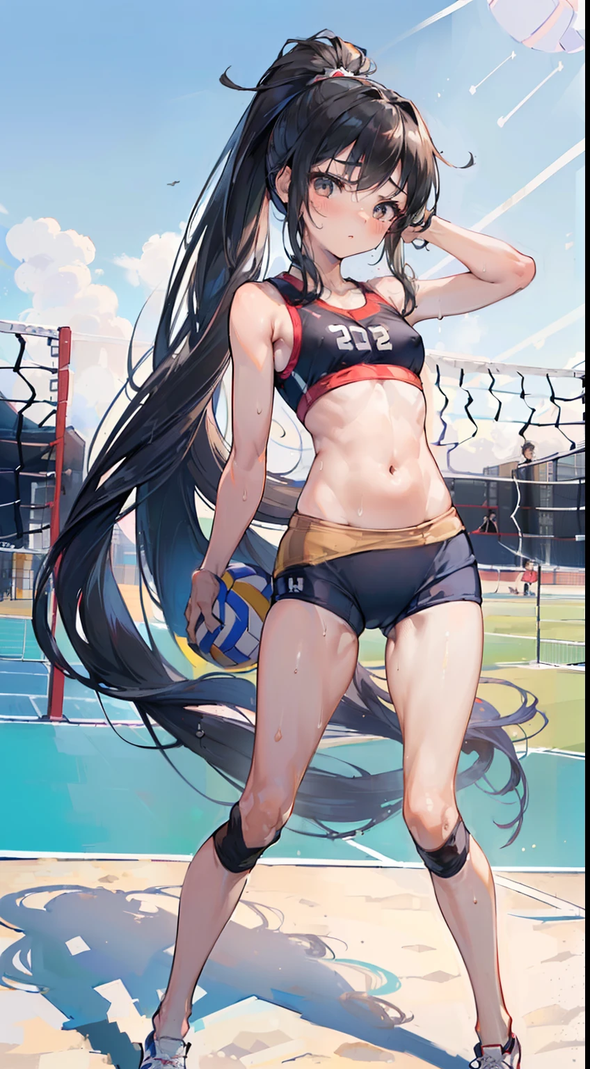 (masterpiece, 4k ,ultra detailed:1.2),(beautiful face:1.2),(anime:1.2),illustration,(solo:1.2),(looking at viewer:1.4),(supermodel:1.3),(volleyball athlete:1.4),(volleyball uniform:1.4),(bike shorts:1.4),(volleyball:1.5),(sweaty skin:1.3),(two-tone hair),13yo,(absurdly long hair:1.5),(knitting hair:1.3),(ponytail:1.3),(white panties),(string,abs,bouquet,child,small breasts,petite:1.1),(sfw,nipple,flat chest,dress,sports bra:1.5),(cinematic angle),(full body:1.2),(Camel toe:1.3),(volleyball field:1.5)