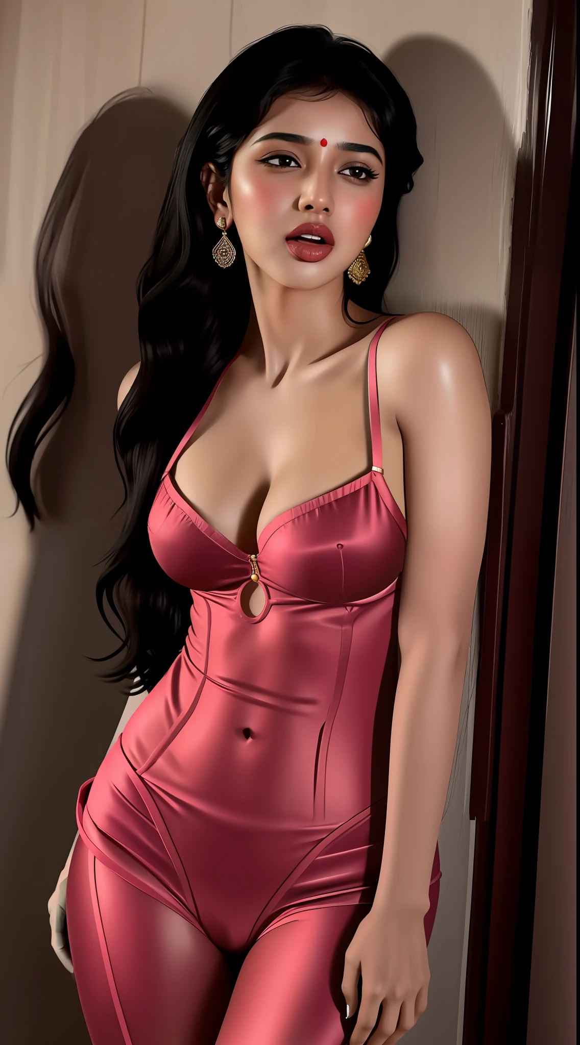 Indian goddess women, black hair, Realistic, smelling, shy, blush, tongue out, licking lips, expressions, ear blush, full blush, naughty, Surrealism, 8k, super detail, masterpiece, masterpiece, masterpiece, retina, UHD, super detail, high quality, best quality, 1080P, HD, 16k, salwar suit, bend, healthy, lusty expression,red and black