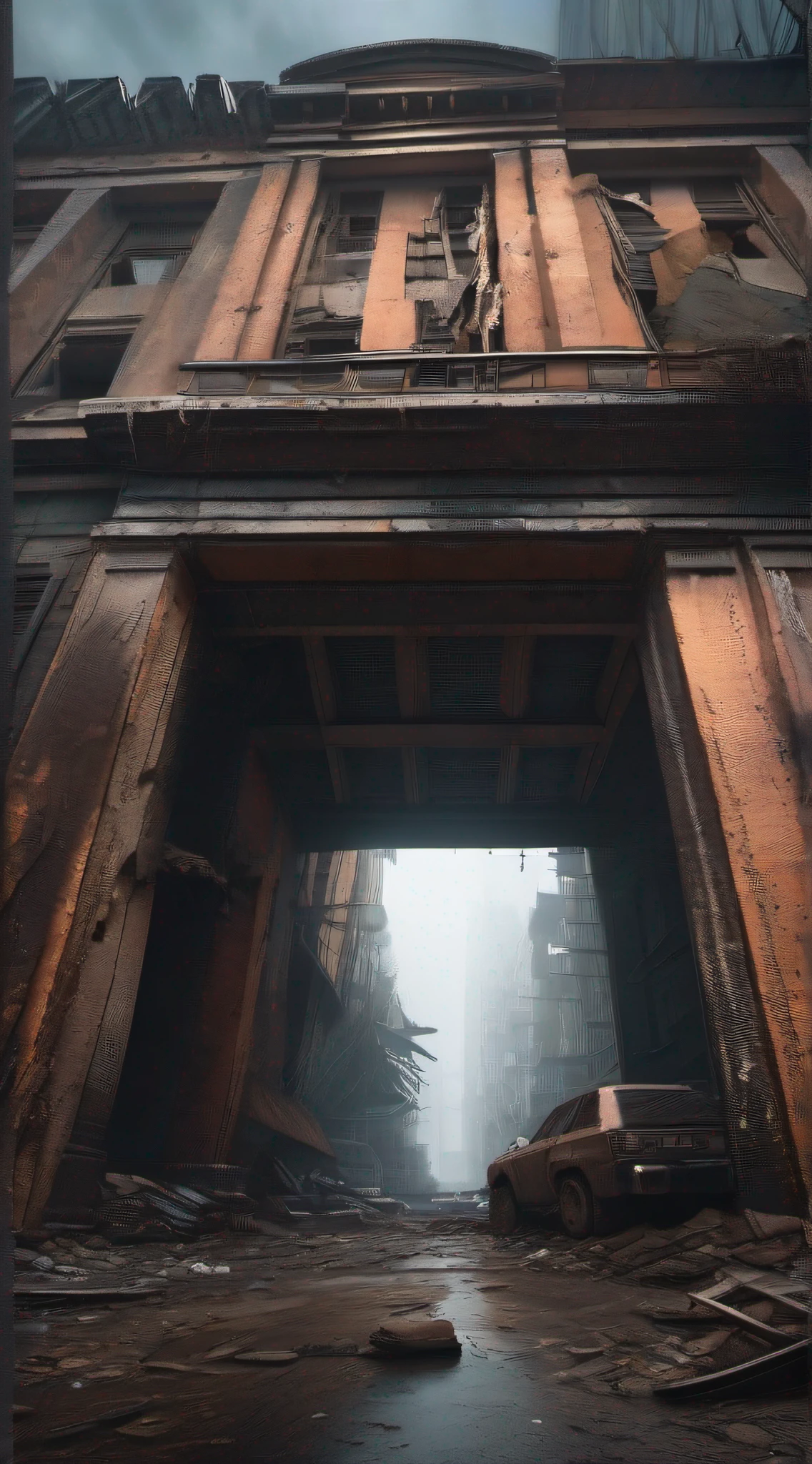 ((masterpiece:1.3)), ((best quality:1.3)), ((ultra_detailed:1.3)), 8k, extremely clear, realism, ((ultrarealistic:1.3)),
In the darkness of the night, a view inside a destroyed city reveals a scene of utter devastation. The ruins of buildings stand as a reminder of the past, while dark clouds loom overhead, casting an eerie atmosphere. The streets are filled with a multitude of broken cars, their once sleek frames now twisted and mangled. There are no signs of human life, as if the city has been abandoned in haste. Rain pours down relentlessly, adding to the desolation and washing away any remnants of hope. This apocalyptic setting is a true masterpiece of ultra-detailed realism, capturing every cracked brick and rusted metal with astonishing clarity