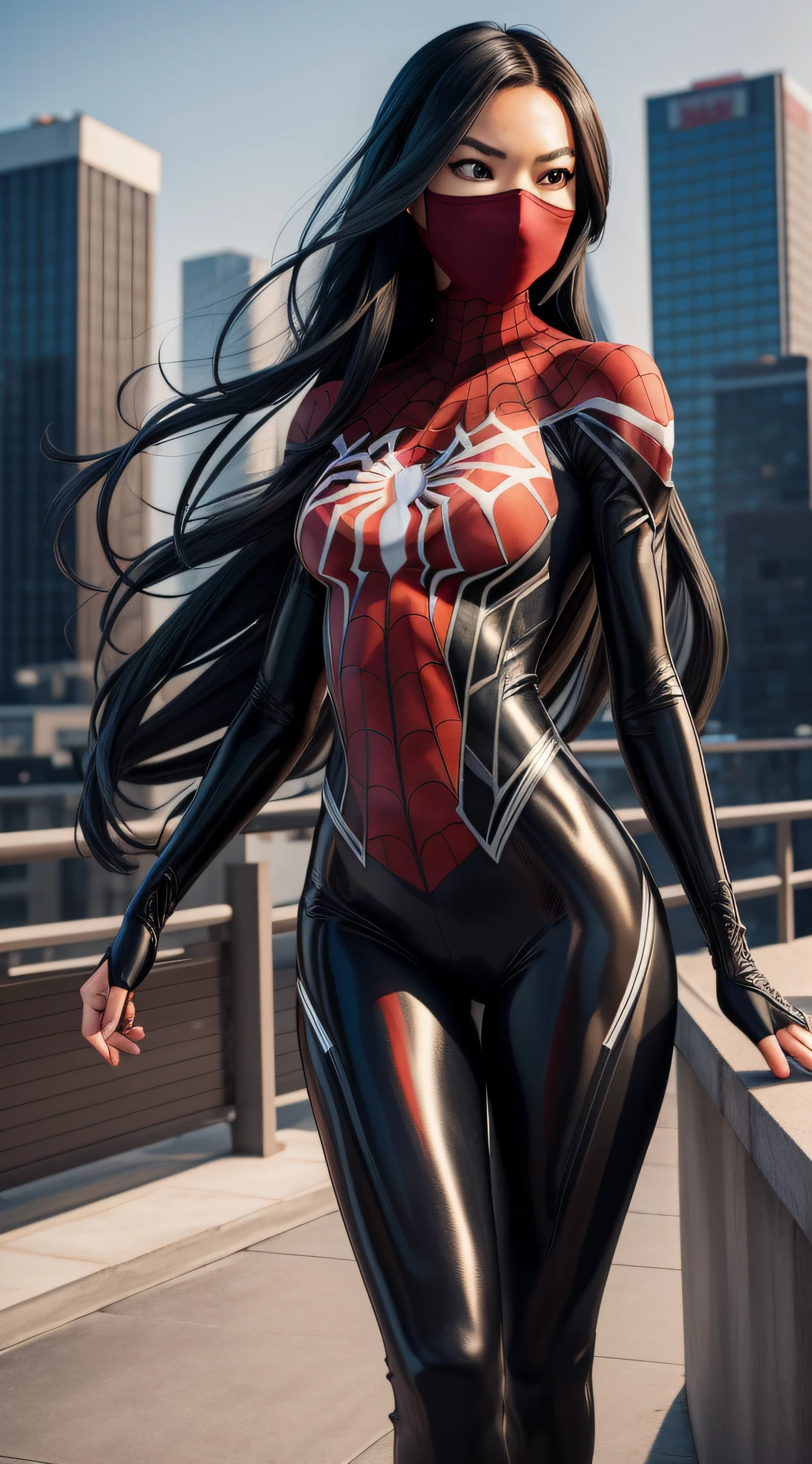 Cindy Moon, Silk, posing on a roof, wears a (black form-fitting spider-man bodysuit) with a sleek, textured (web-like white patterns), the suit covers her entire body, including her arms, legs, and torso, suit includes a (red spider emblem) on the chest, wears a (red mask) that covers her head, leaving only her eyes and mouth exposed, (long, flowing black hair), (full body render), (full body view), fine detail, hyper realistic, HD, 4K, definition, texture, perfect detail, perfect face, beautiful, hyperrealism, trending on artstation