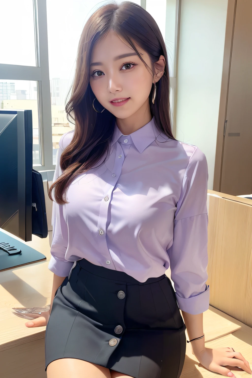 (masterpiece:1.3), high resolution, ultra detailed, extremely detailed CG unity 8k wallpaper, realistic, photo-realistic, RAW photo, beautiful detailed face, pale skin, realistic glistening skin, detailed cloth texture, detailed hair texture, Perfect body, Beautiful Face, accurate, Anatomically correct, Highly detailed face and skin texture, natural neck length, (beautiful hands), (fair skin:1.2), Thin legs, Thin feet,
BREAK,
Detailed eyes, symmetric eyes, Light Brown eyes, Double eyelids, Thin eyebrows, (Glossy lips:1.4), ((gently smile:1.2)), (blush:1.1),
BREAK,
(A Classy and Cute girl:1.3), (wearing a classy (Light Purple) Button shirt:1.2), ((Light bule) long irregular hem skirt:1.2), close the button,
medium large breasts, (slender figure:1.1), firm abs, beautiful clavicle,
(Dark blonde hair, wavy hair, long hair:1.2), ((asymmetrical bangs:1.2)),
BREAK,
((Sitting inside the reception desk of the modern office building of Japan:1.2)), (wide desk, reception slip, ballpoint pen, telephone, PC), (Cowboy shot:1.2), looking at viewer, from front:0.65,