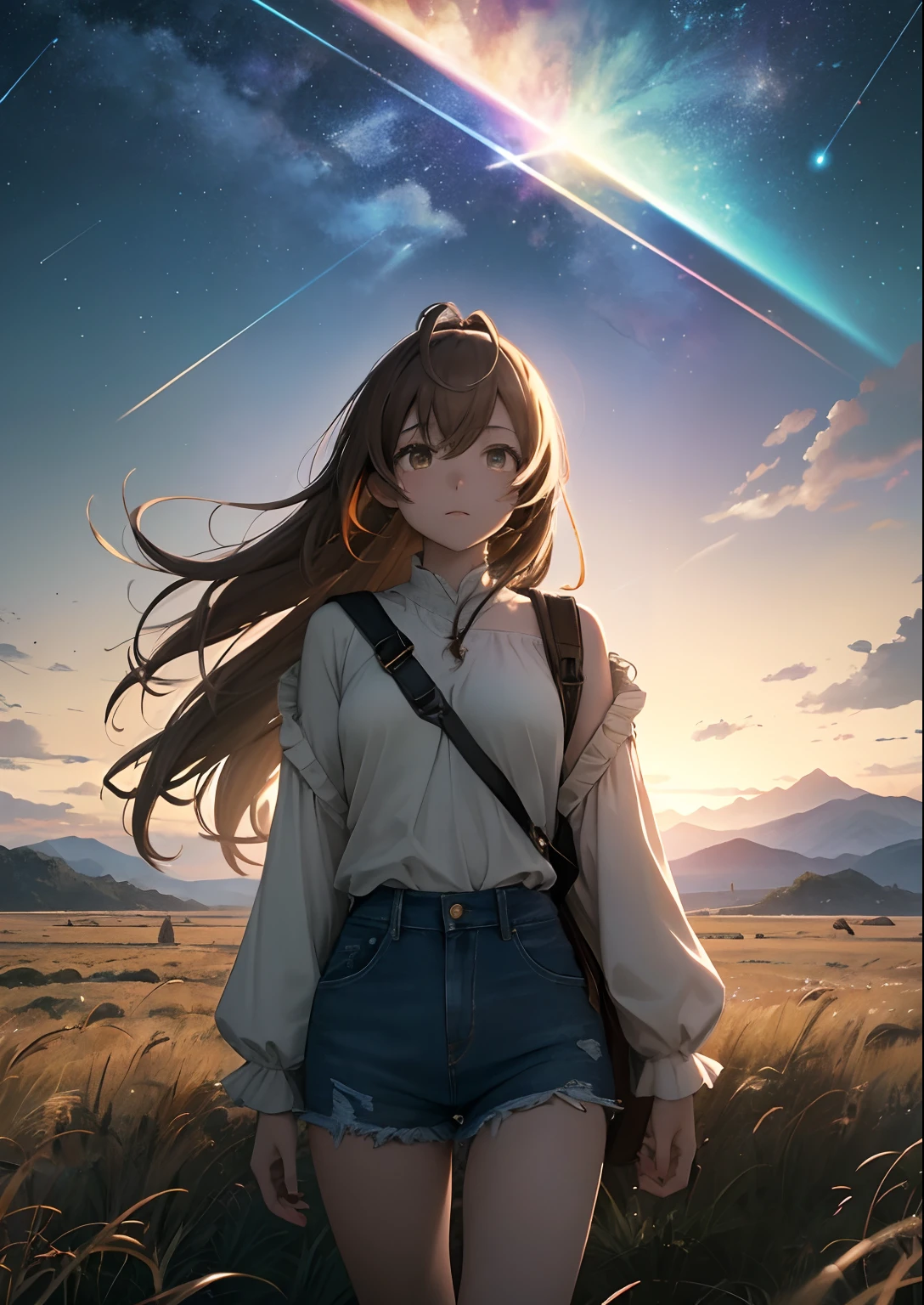 (人物: Nanashi Mumei), {brown hair}, (masterpiece:1.2), 1girl, solo, The vast sky, beautiful skyline, large grasslands, extremely tense and dramatic pictures, moving visual effects, high hanging Polaris, colorful natural glare. A girl in a long-sleeved top and denim shorts with a side backpack