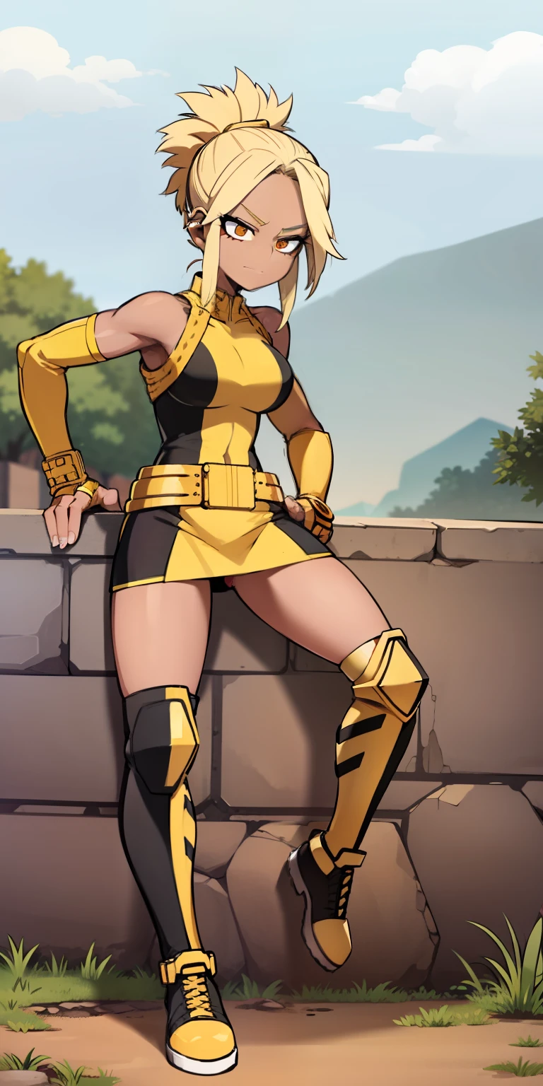 My hero academia style, girl, blonde Girl, long straight hair, anime girl, muscular female, trending on artstation pixiv, (full body shot:0.5), Perfect Anatomy, Super Detailed, brown skin, Dark-skinned female, wide hips, Large breast, wide thighs, tanned complexion, huge breasts, Cheetah Leotard, Cheetah ears, Cheetah tail, Gold Bracers, Gold Shin Guards, Black Knee Pads, Black Elbow Pads, Black Fingerless Gloves, seductive and joyful gaze.